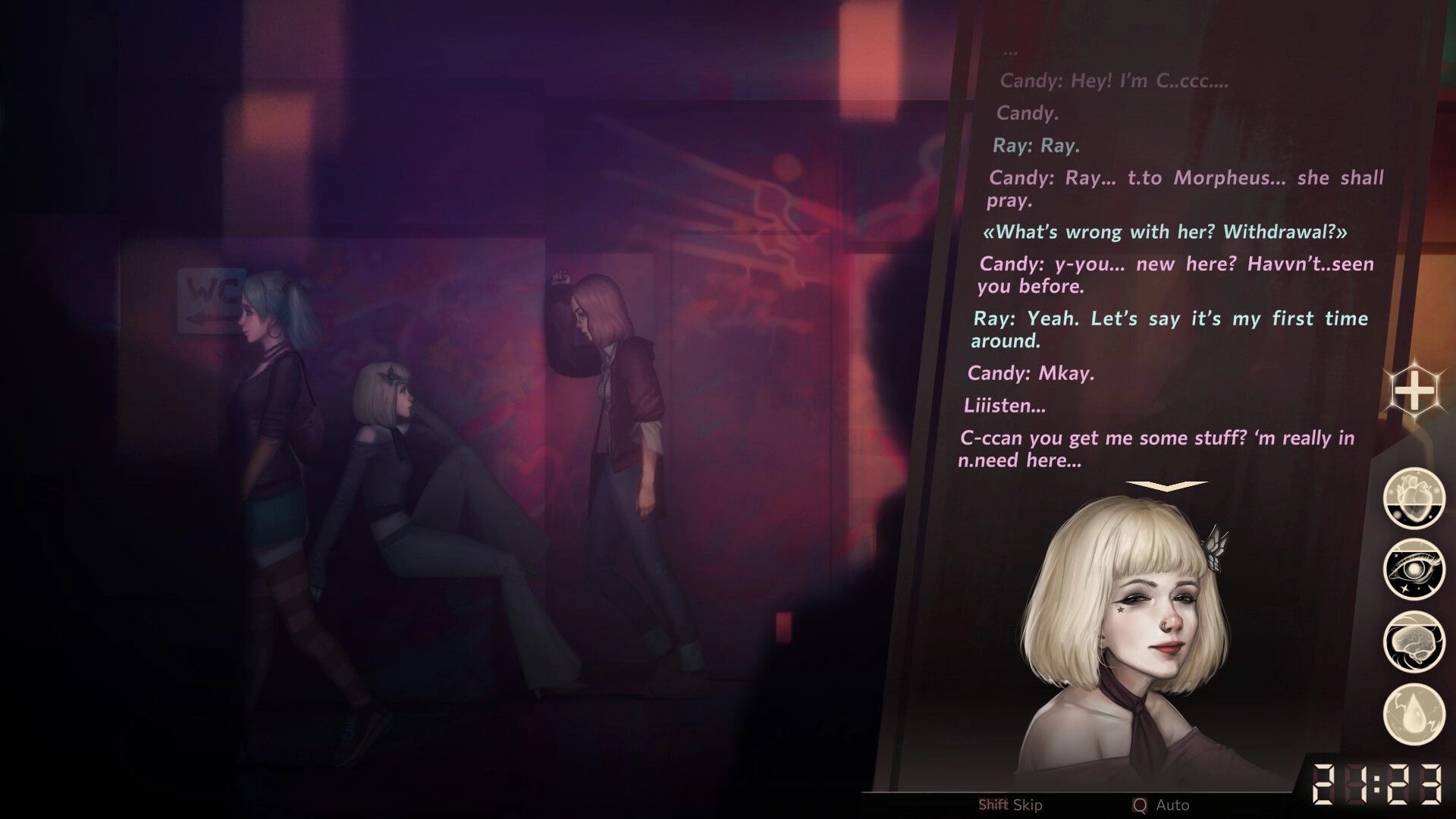 Sister Ray: Dialogue with Candy in dimly lit alley, character portrait and conversation options visible.
