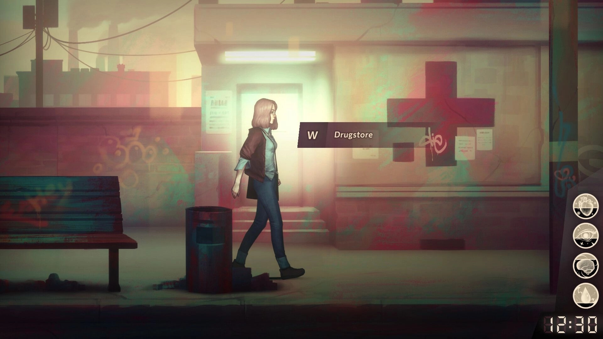 Sister Ray: Ray walks past a graffiti-covered drugstore with a UI showing inventory and time at 12:30.