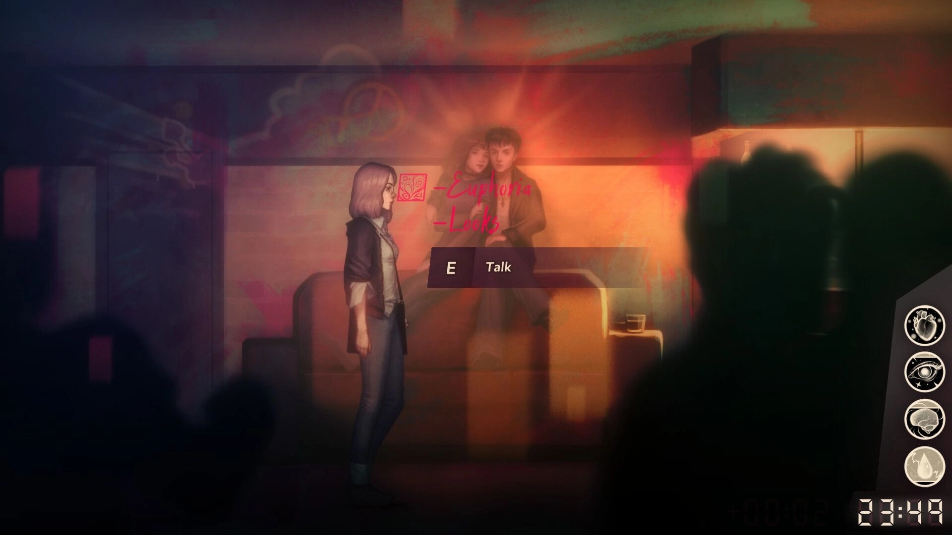 Sister Ray: Ray approaches a couple on a couch in a dimly lit room, with talk option visible.