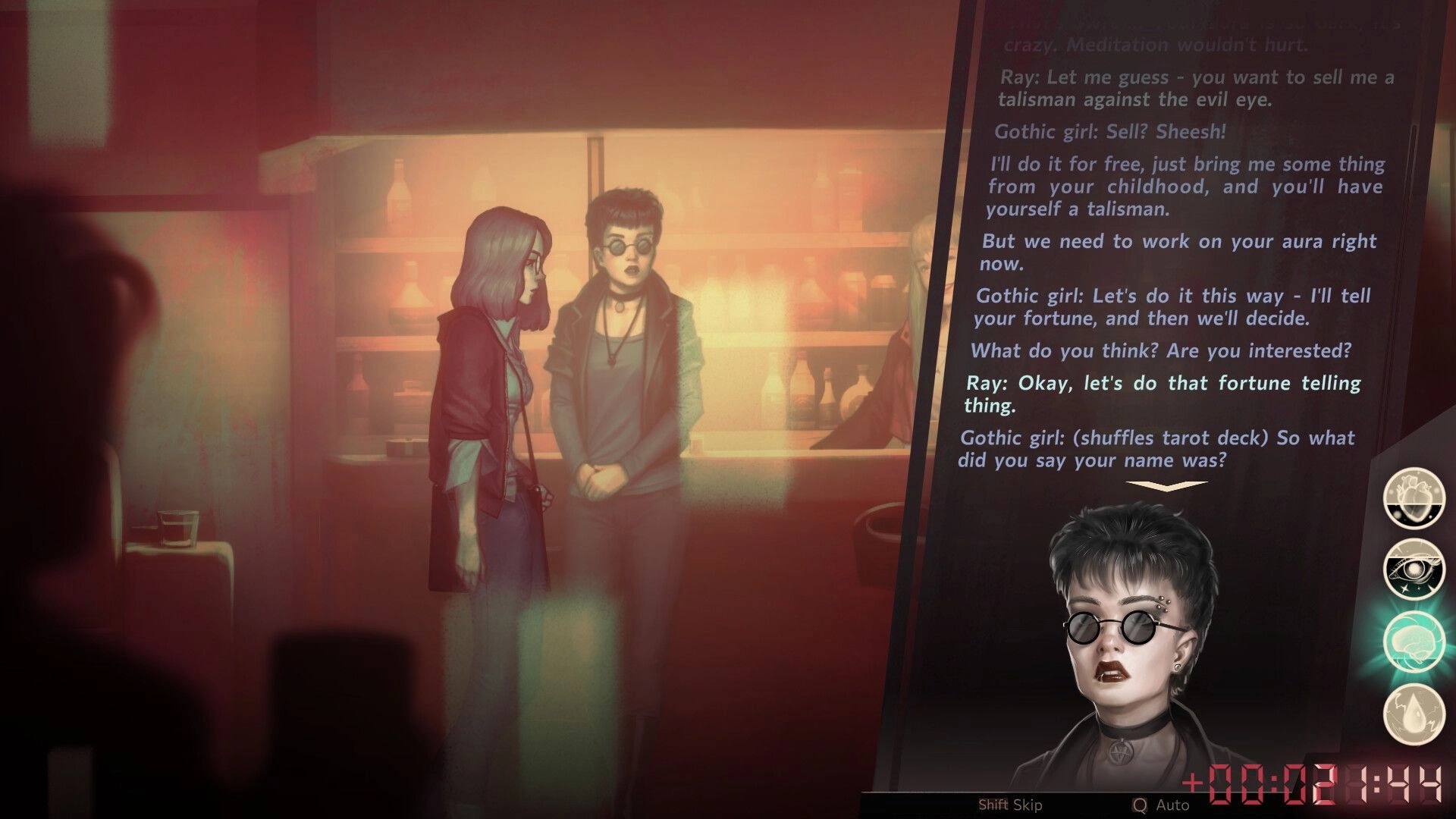 Sister Ray: Ray consults a gothic girl for fortune-telling in a dimly lit room with dialogue options.