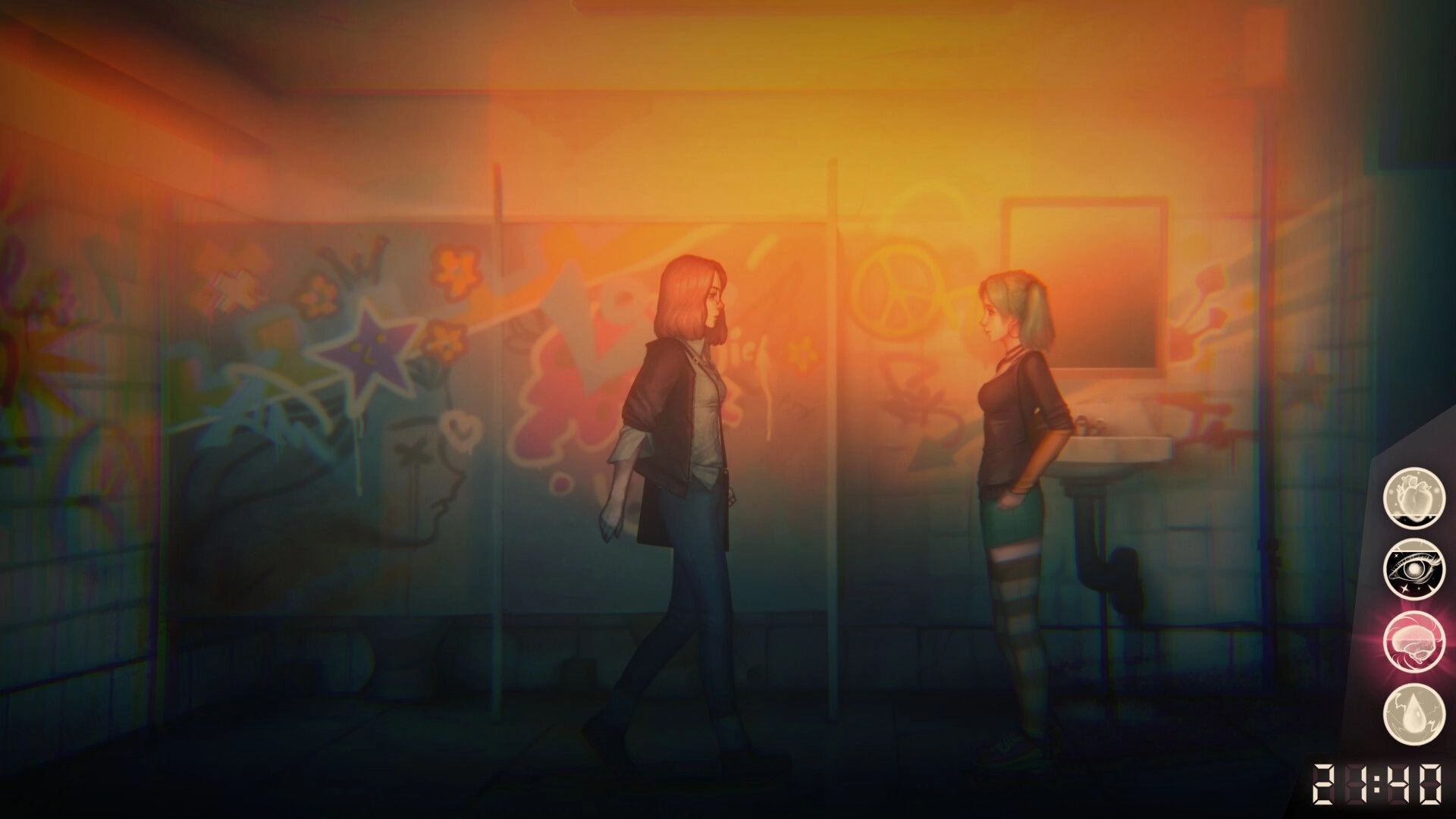 Sister Ray: Ray confronts another character in a graffiti-covered bathroom with skill icons displayed.
