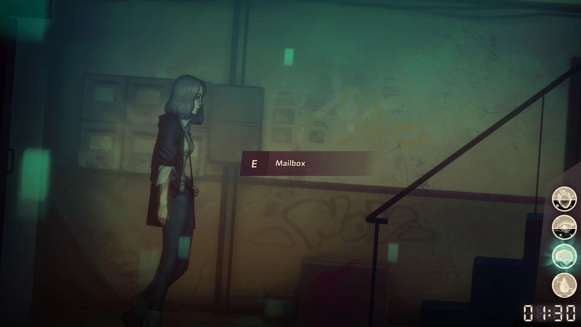 Sister Ray: Ray explores dimly lit hallway near mailboxes, with status icons and time displayed.