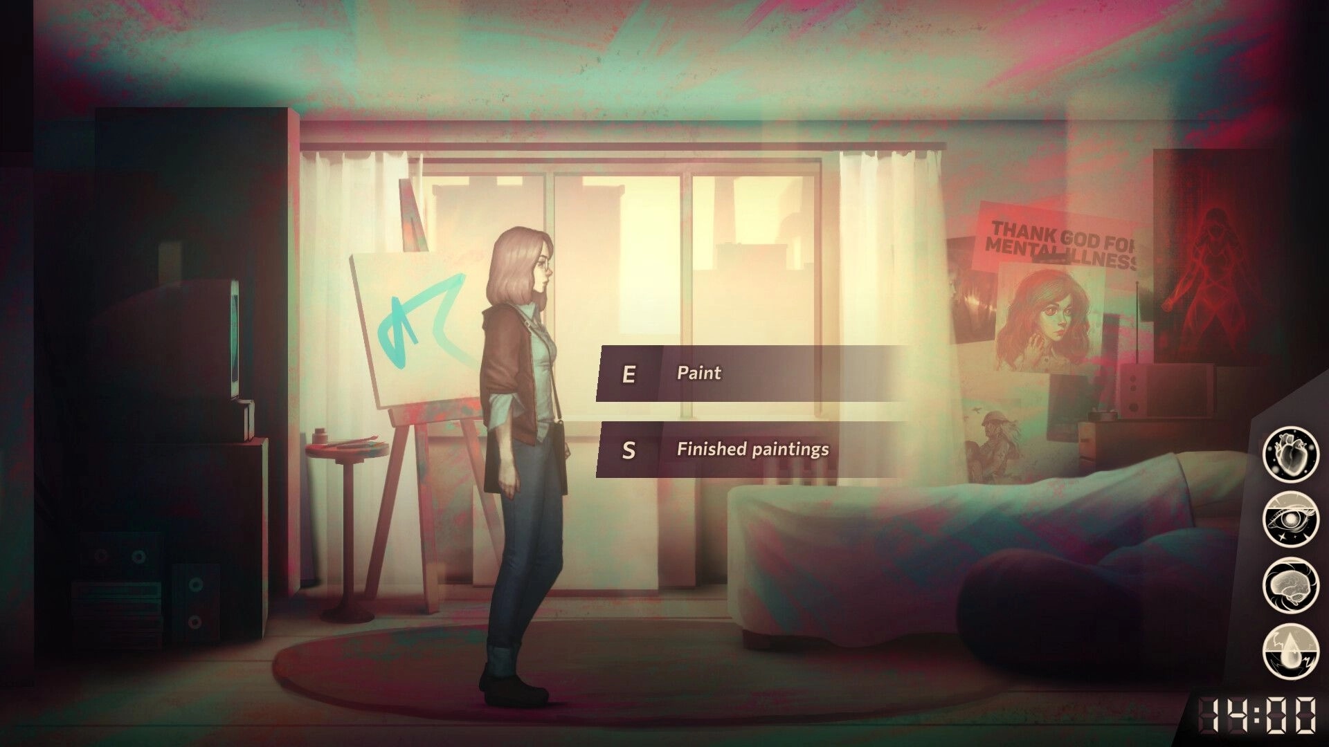 Sister Ray: Ray stands in her room, facing an easel with painting options displayed on the screen.