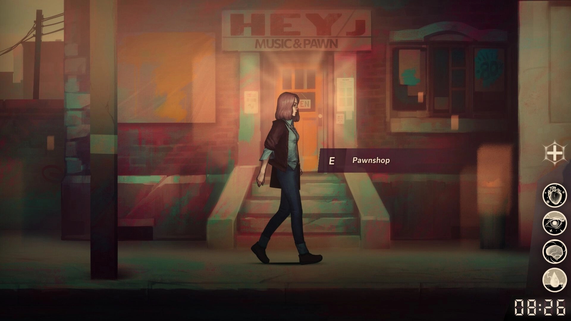 Sister Ray: Ray walks past pawnshop entrance in dimly lit street with UI showing time and icons on right.