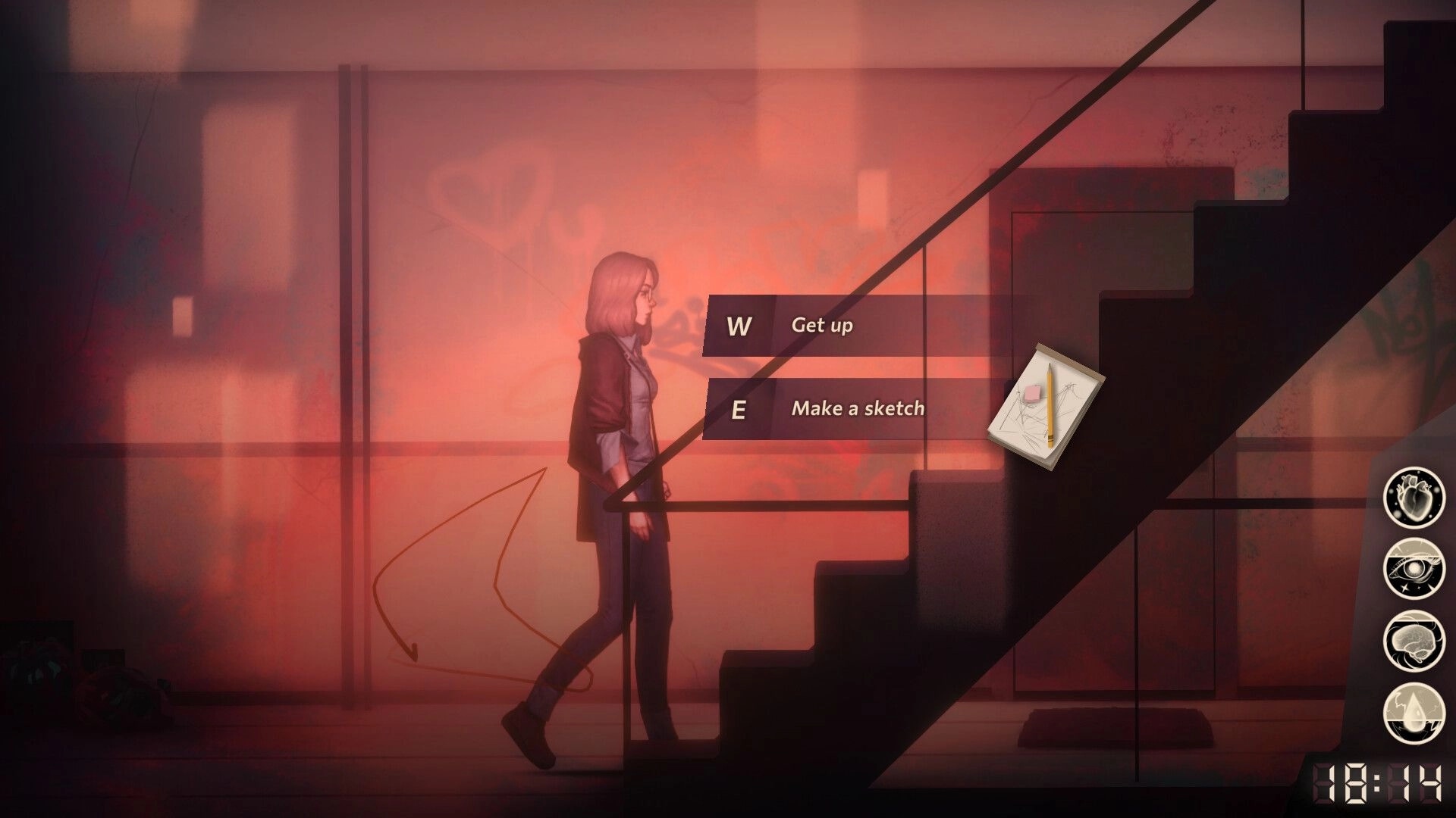 Sister Ray: Ray stands by stairs with options to "Get up" or "Make a sketch" in dimly lit hallway.
