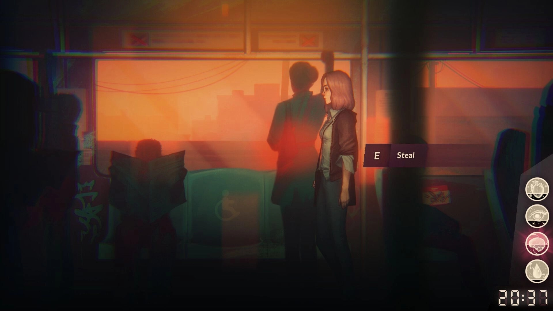 Sister Ray: Ray stands on a train at sunset with a prompt to "Steal" while icons and time are displayed.