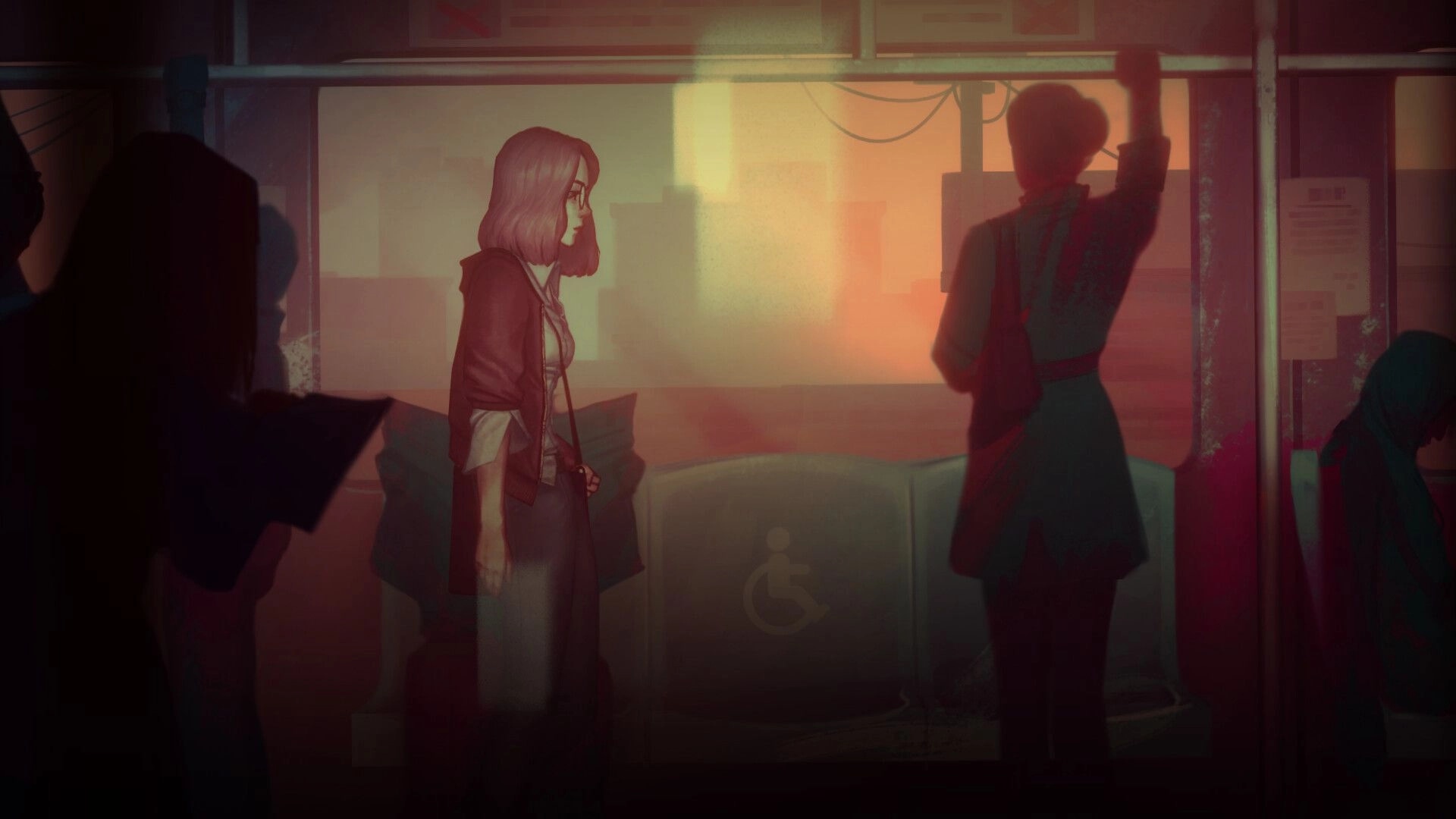Sister Ray: Ray stands on a dimly lit bus, city skyline visible through the window at sunset.