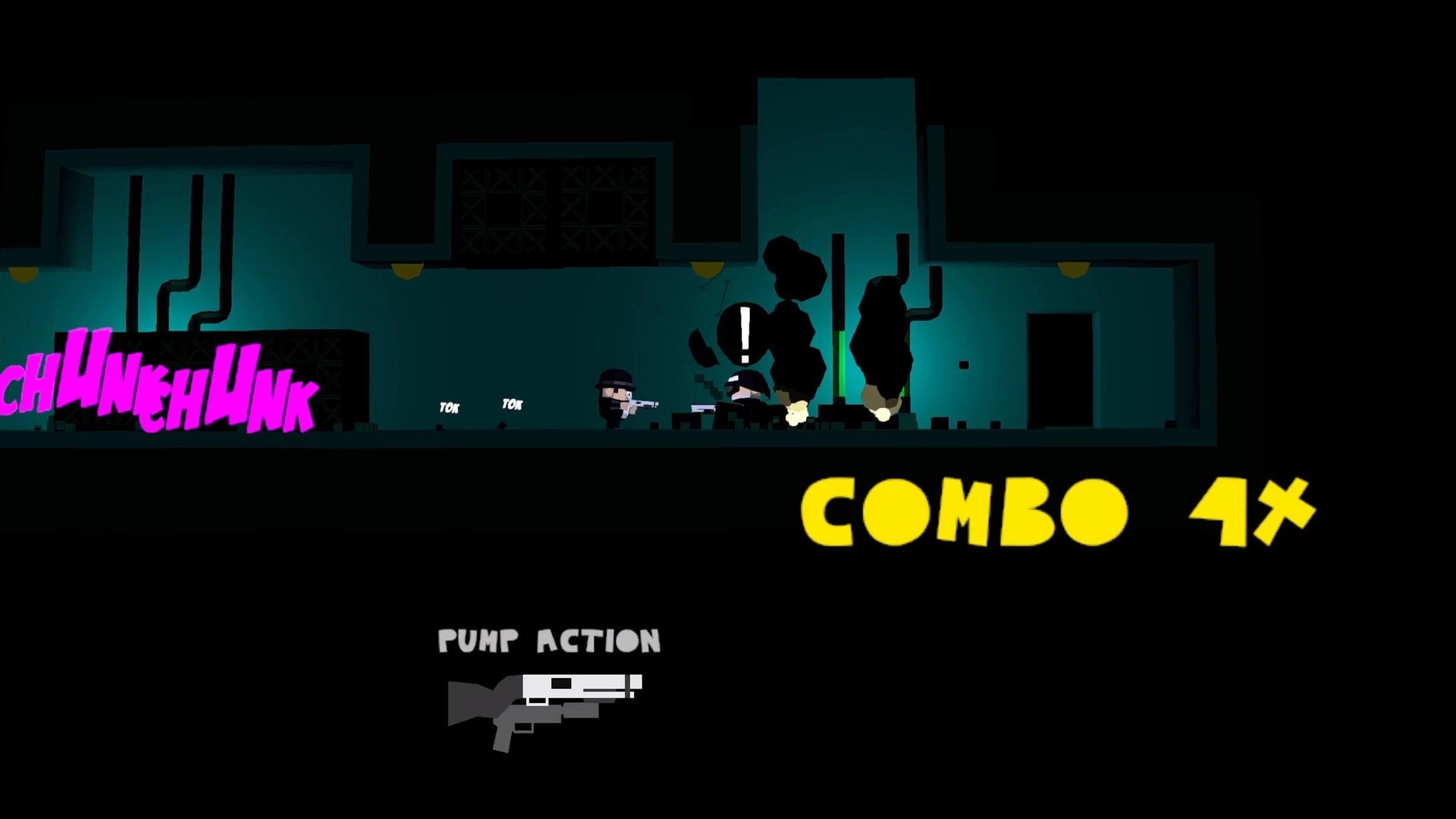 Situation Normal: Soldier fires shotgun at enemy amid explosions in teal facility corridor, combo 4x UI.
