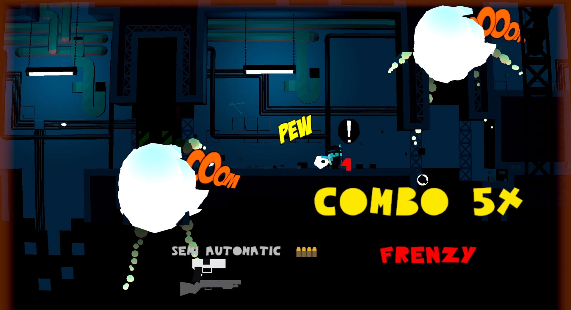 Situation Normal: Player fires in a pipe-lined facility as explosions trigger COMBO 5x and FRENZY UI.