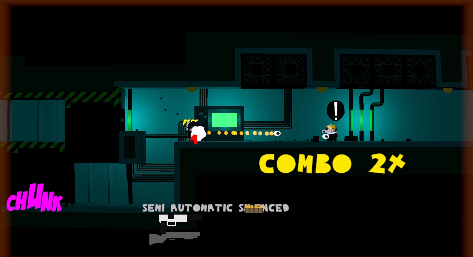 Situation Normal: Player fires at a guard as COMBO 2x and weapon icons overlay an industrial lab corridor.