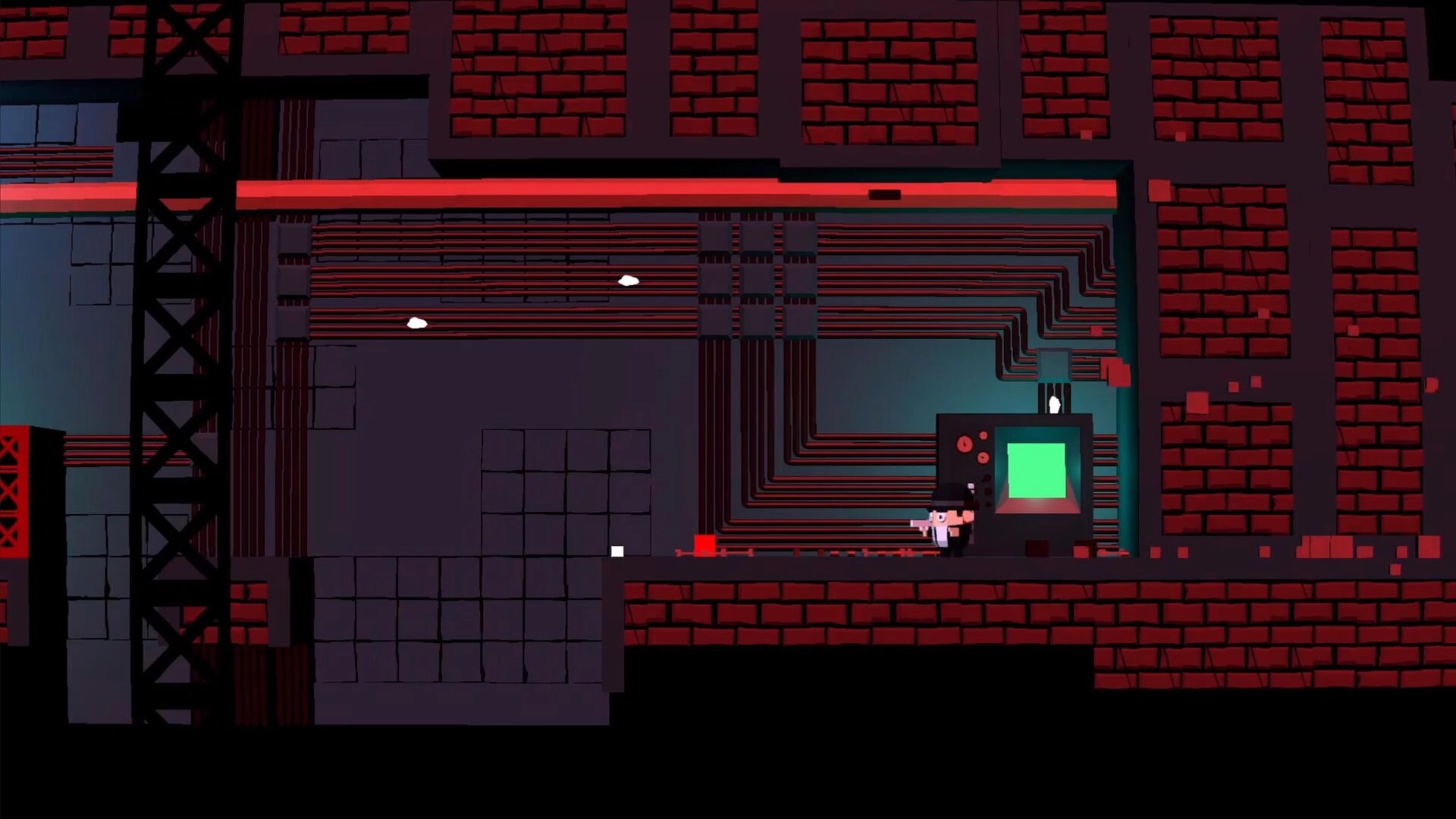 Situation Normal: Pixel agent stands by a green terminal in a red-brick industrial corridor with wires.