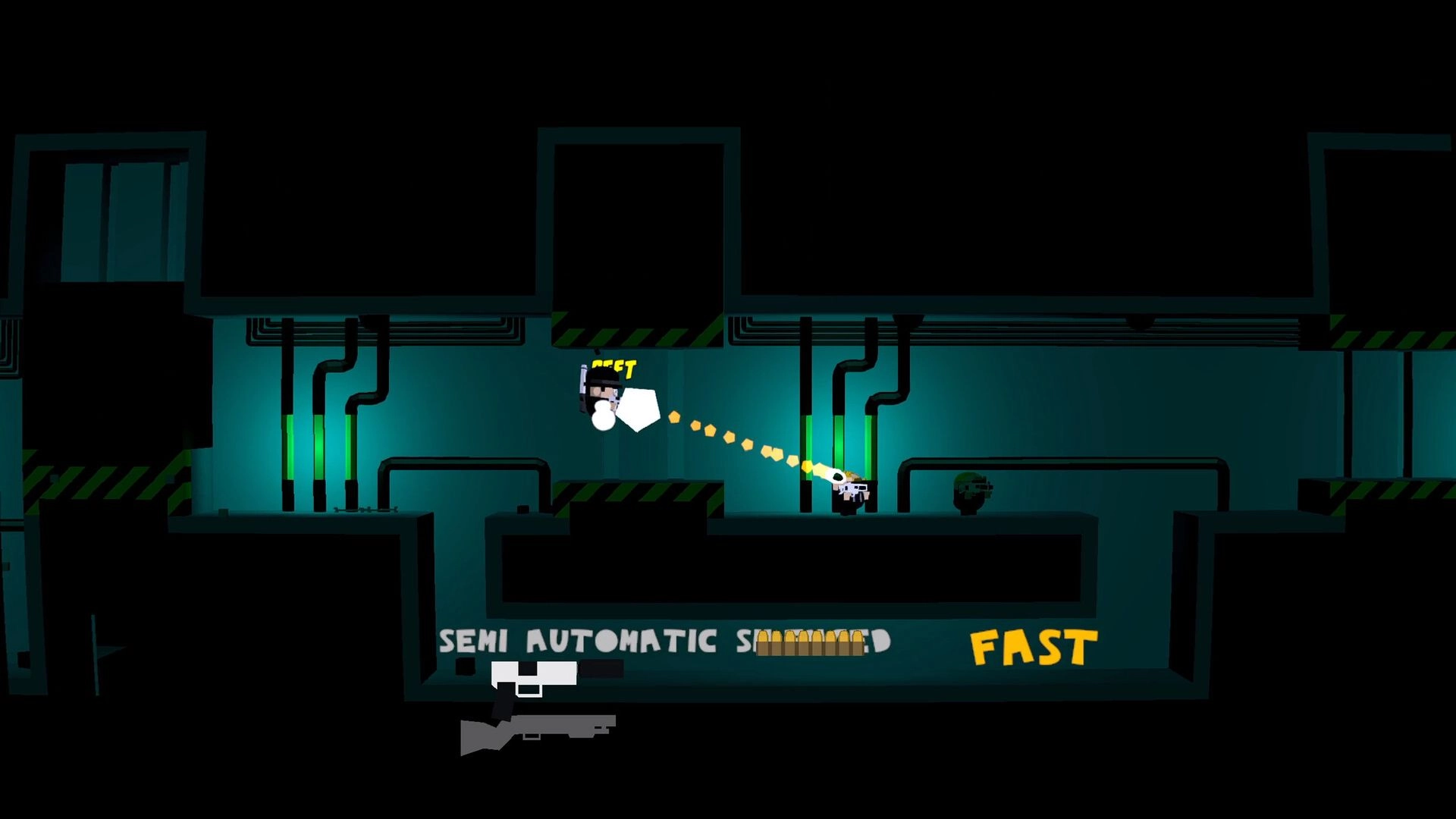 Situation Normal: Player fires semi-auto downward at enemy in neon-lit industrial corridor, FAST UI shown.