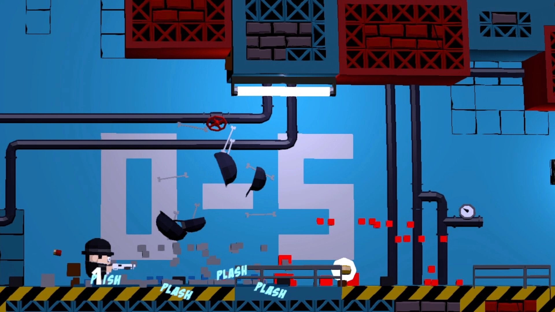 Situation Normal: Soldier fires rifle as debris flies in blue industrial corridor with pipes and platforms.