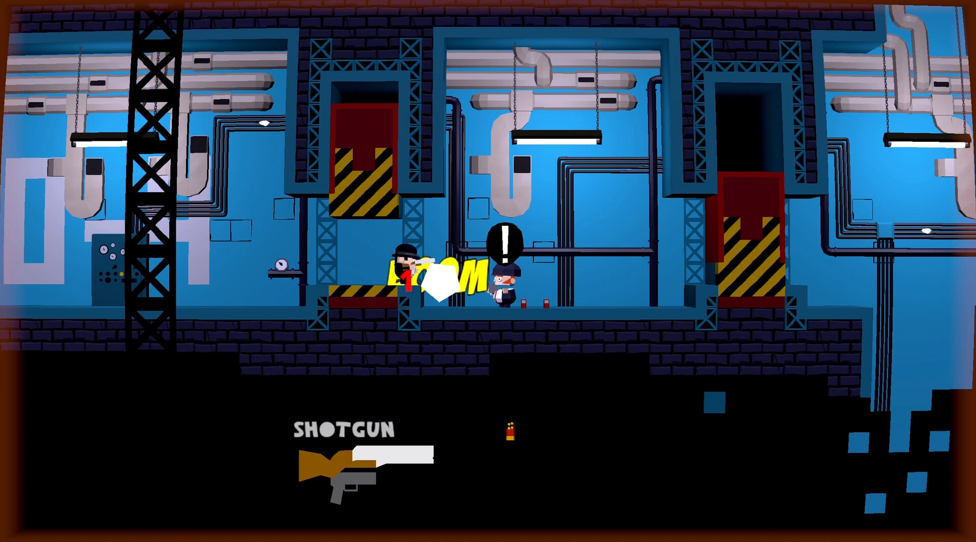 Situation Normal: Player blasts a guard on a platform in a blue industrial facility, shotgun HUD below.