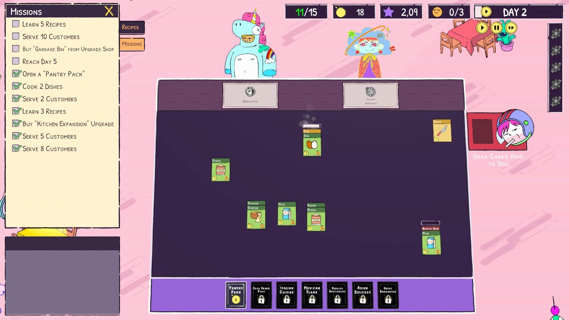 Sizzle & Stack: Mission checklist, ingredient cards, and character avatars in a pink-themed restaurant.