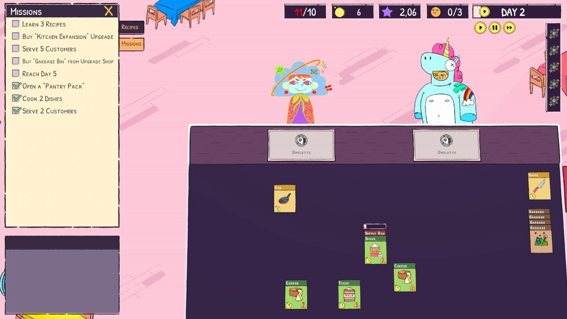 Sizzle & Stack: Two characters at a counter with ingredient cards and mission checklist in restaurant setting