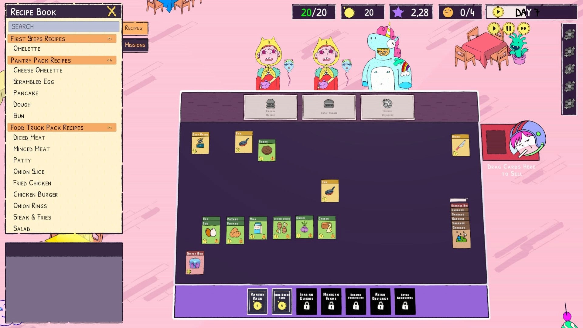 Sizzle & Stack: Recipe book open with ingredient cards displayed, chefs waiting in pink-themed kitchen