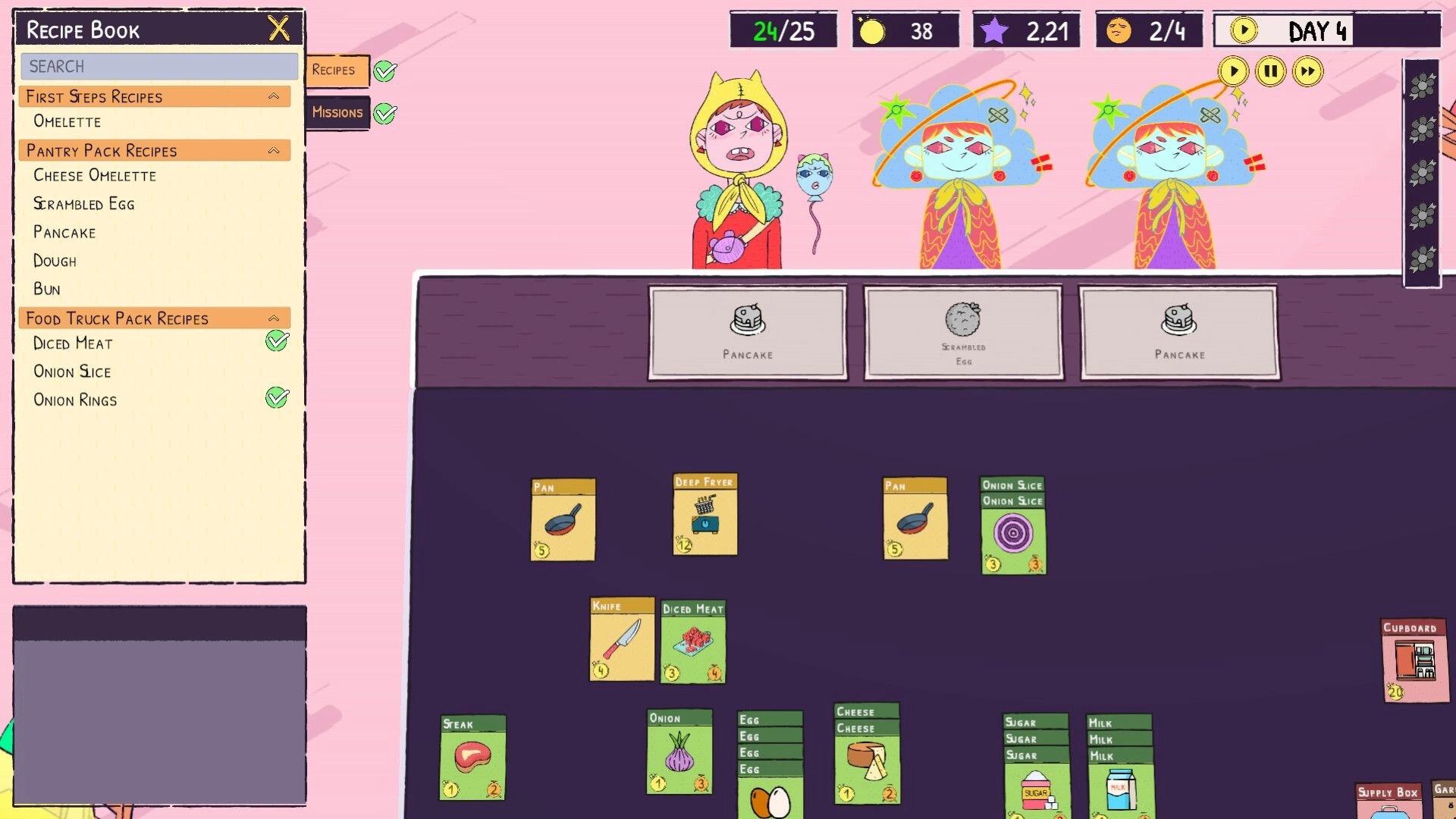 Sizzle & Stack: Recipe book open with pancake options, ingredient cards, and quirky customers visible