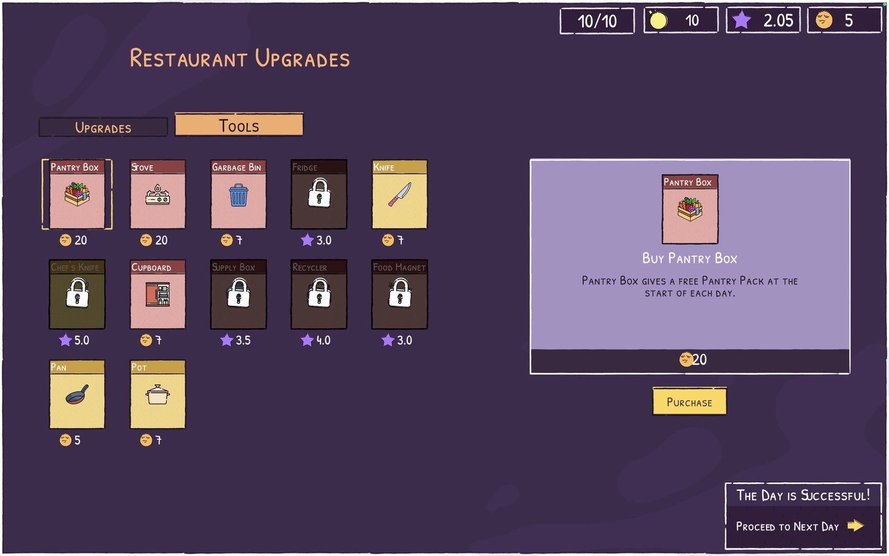 Sizzle & Stack: Restaurant upgrades menu with tools like stove, pantry box, and locked items visible.