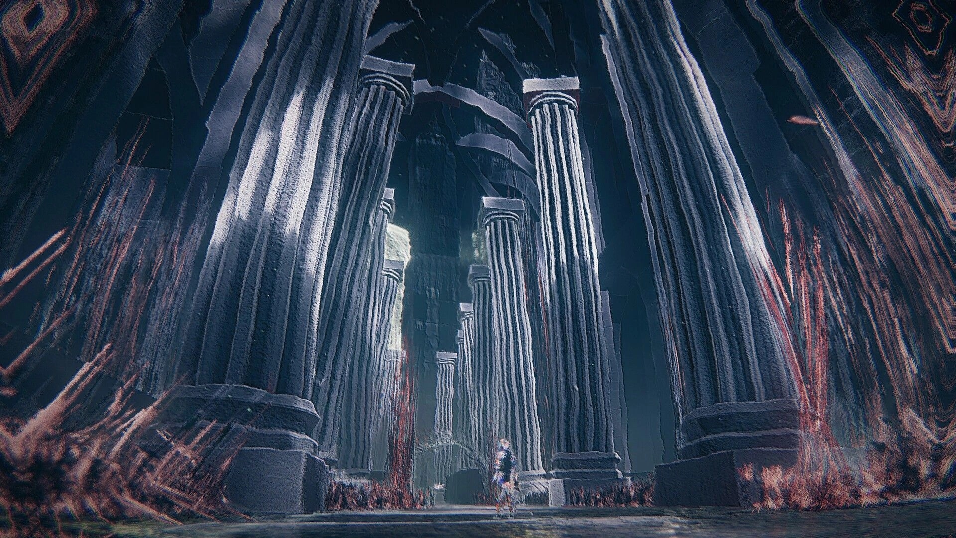 Skate Story: Skater gliding through a massive, eerie colonnade in the Underworld's shadowy depths