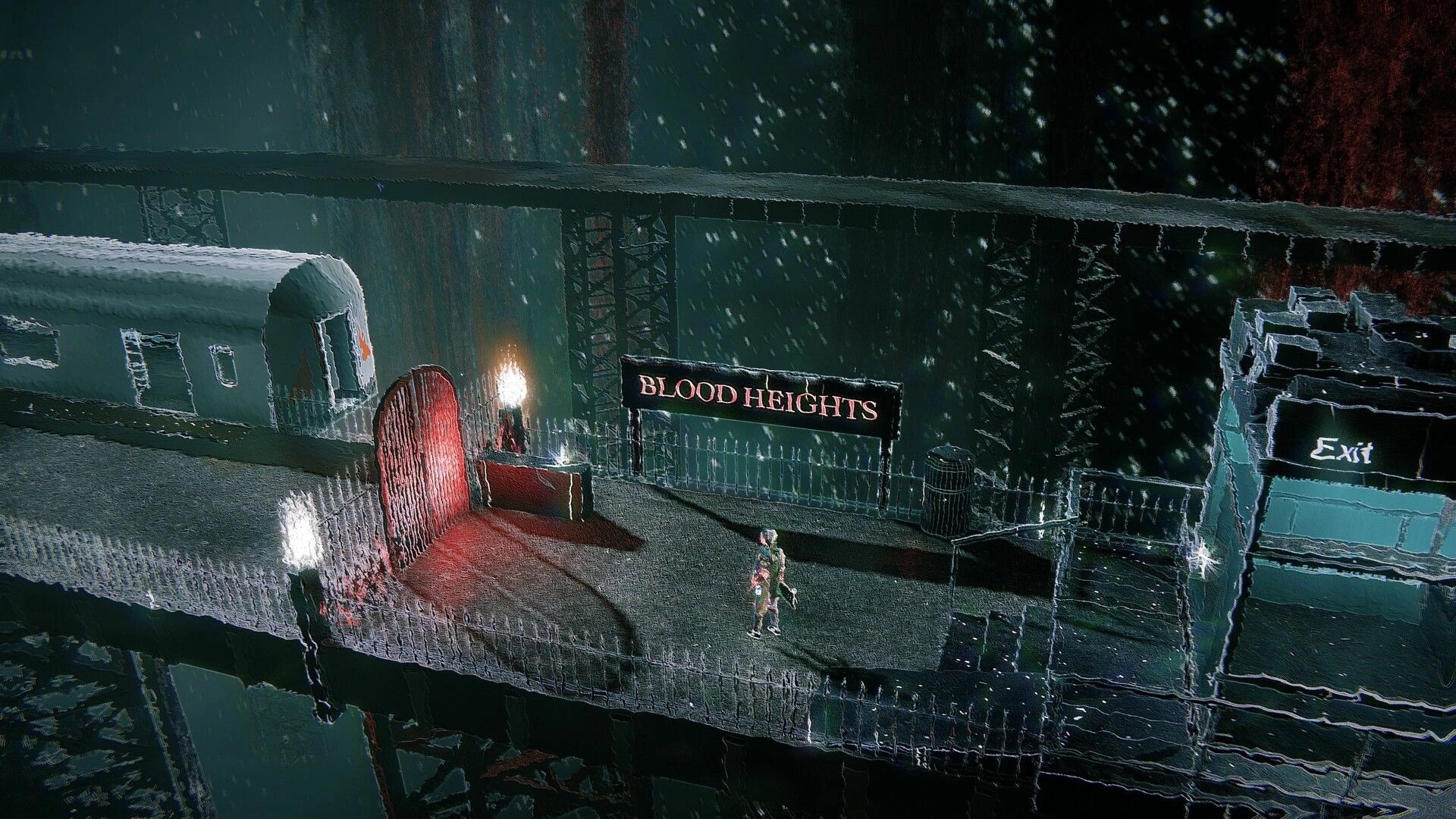 Skate Story: Player skates past Blood Heights sign on a gritty platform with an Exit door nearby