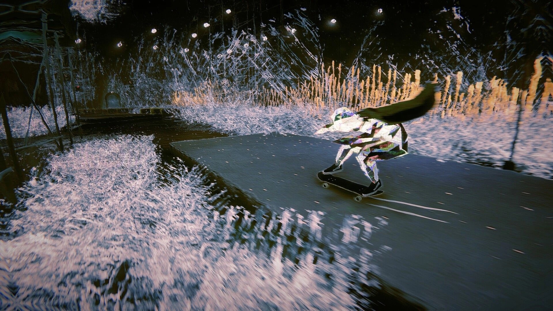 Skate Story: Crystal skater glides through ethereal tunnel surrounded by shimmering, abstract landscapes.