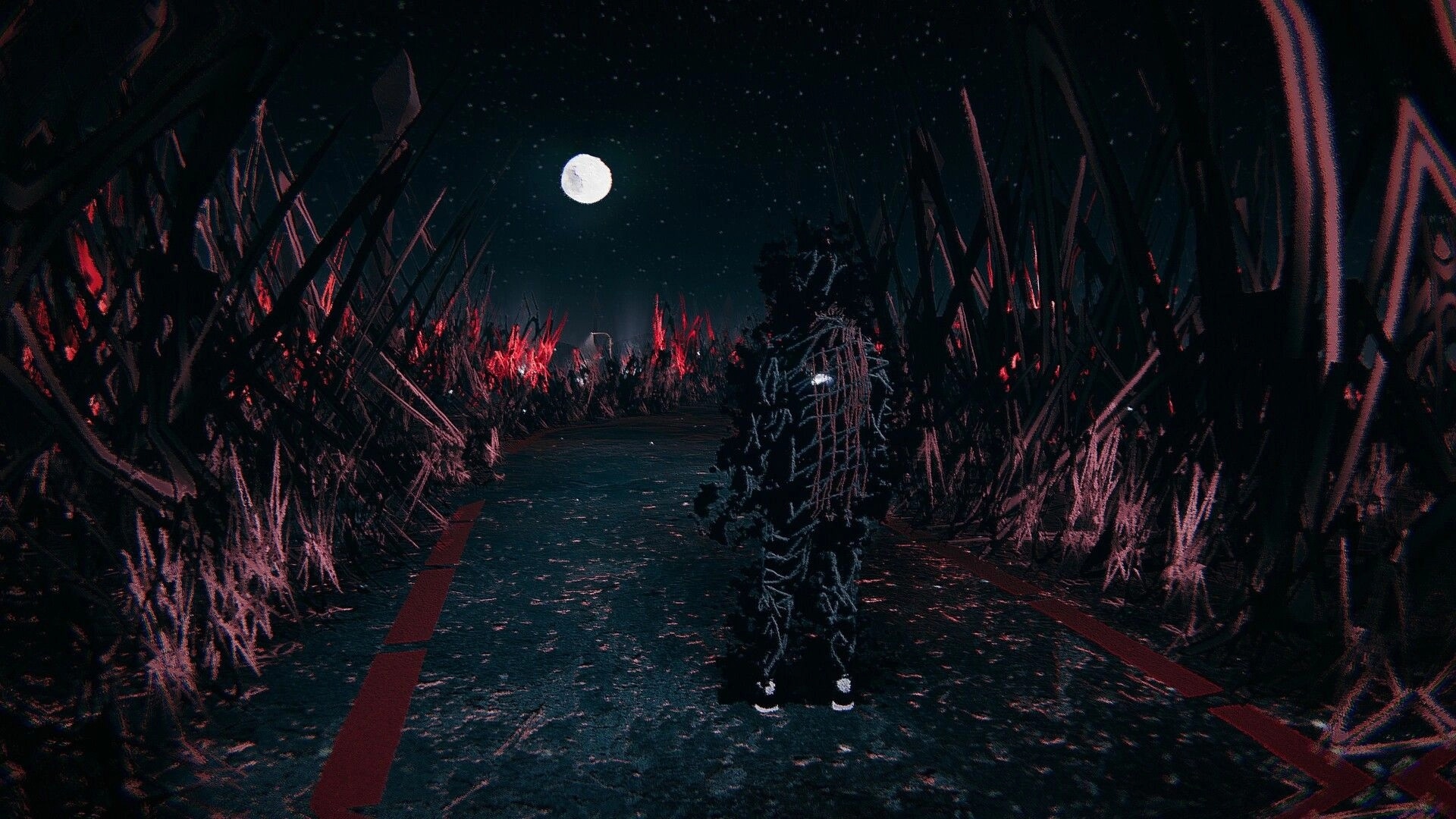 Skate Story: Skater glides through surreal, dark path with moonlit sky and jagged red foliage surrounding.