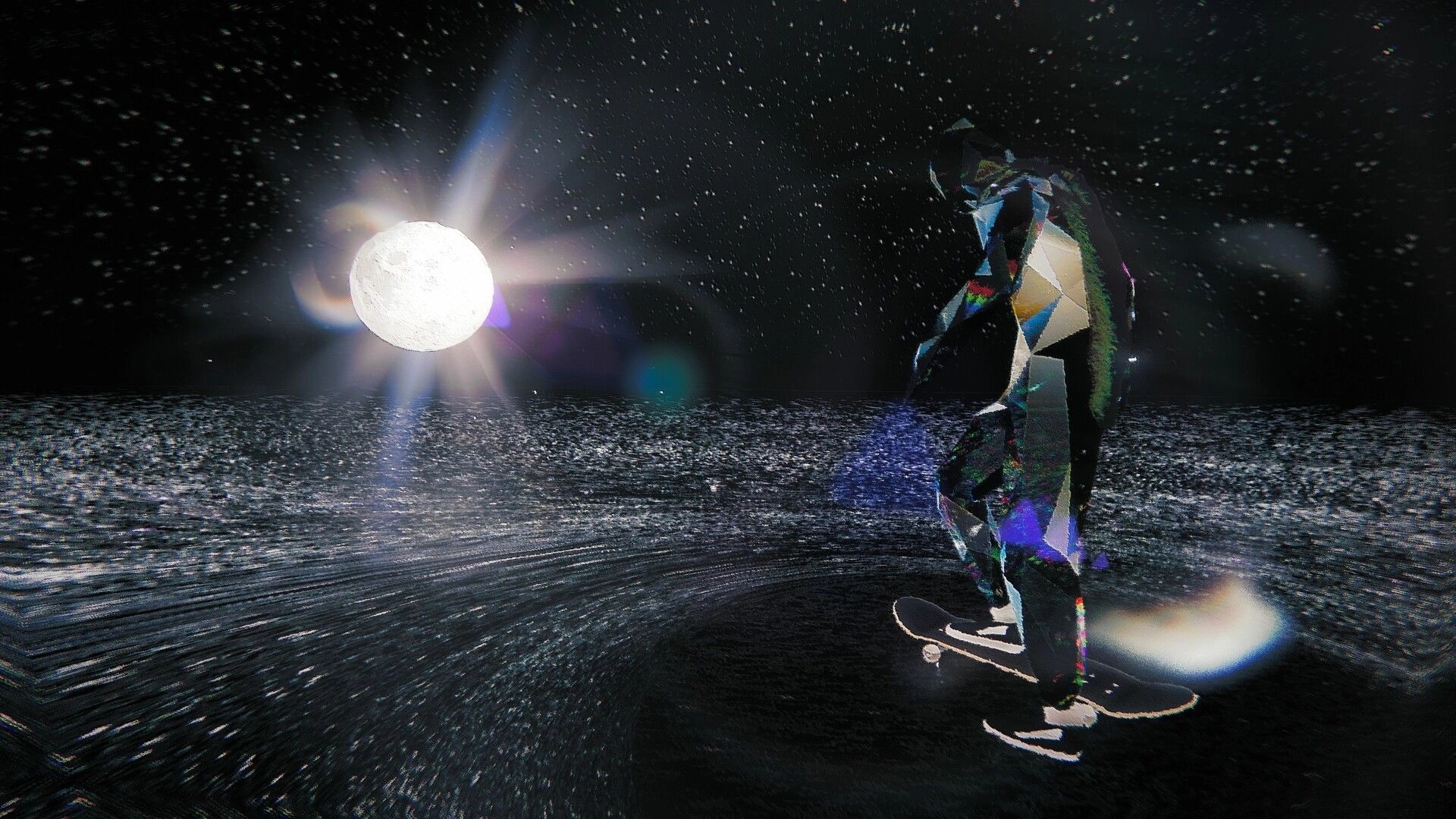 Skate Story: Crystalline skater glides under a bright moon in a dark, ethereal underworld setting.