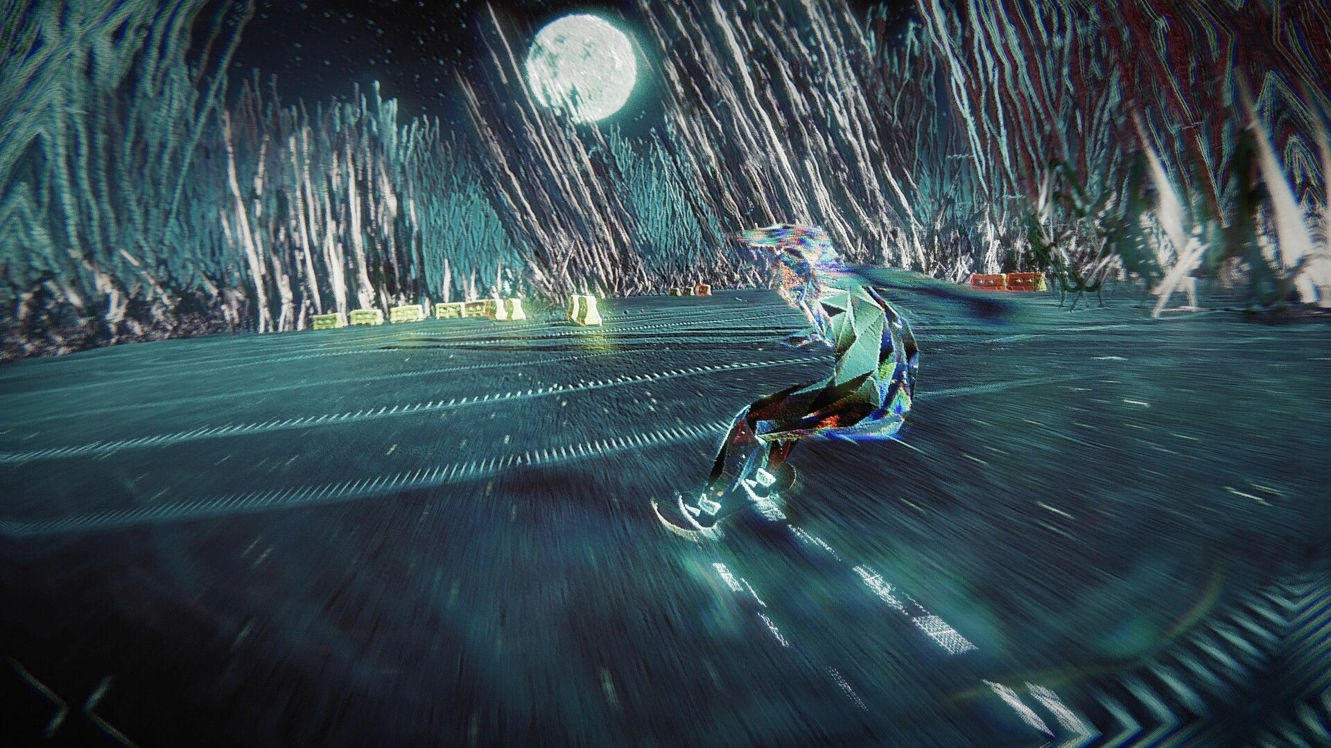 Skate Story: Skater performing a trick under a full moon in a surreal, crystal-like underworld setting