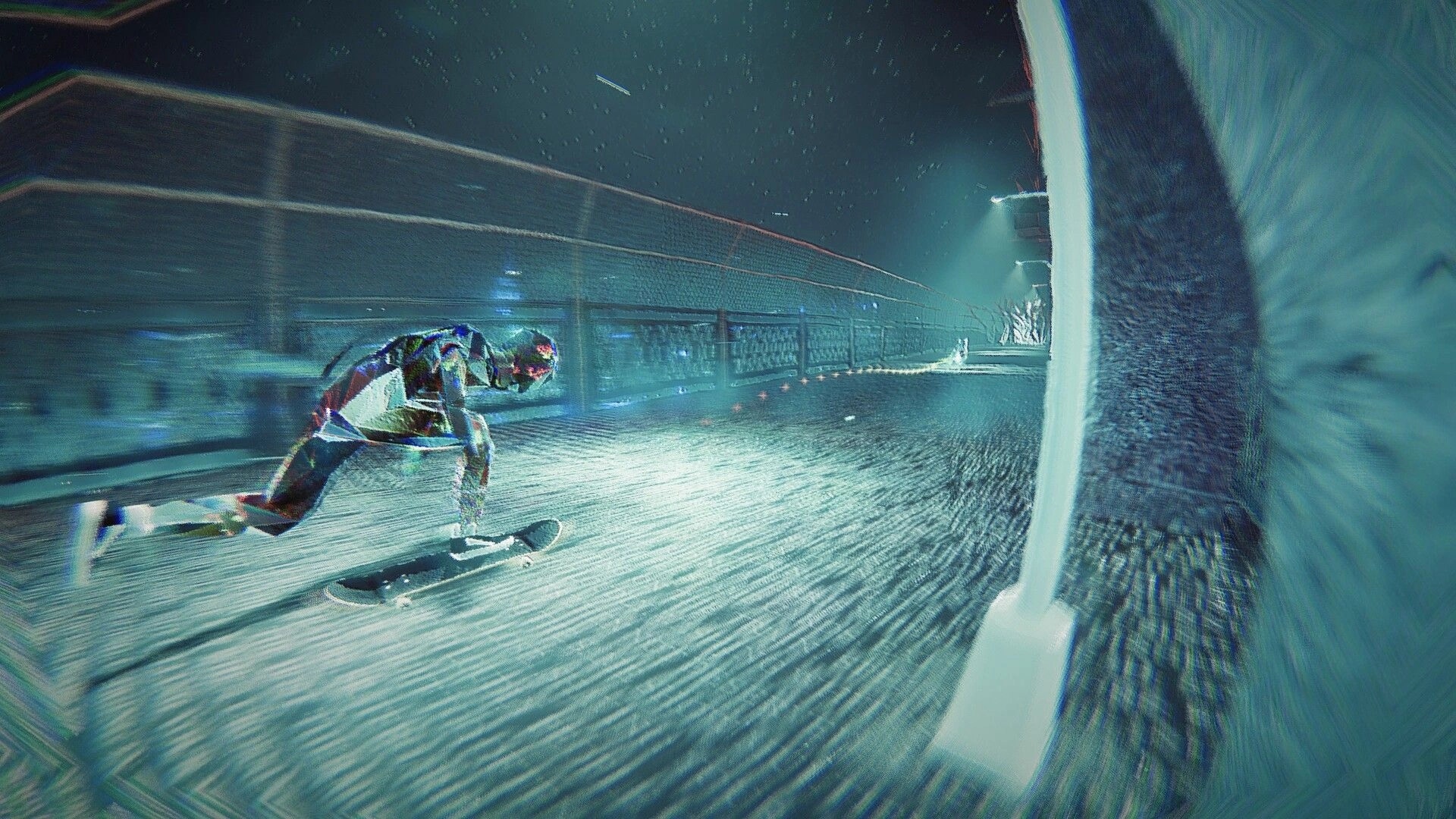 Skate Story: Skater speeding down a dimly lit, ethereal path with glowing particles in the Underworld