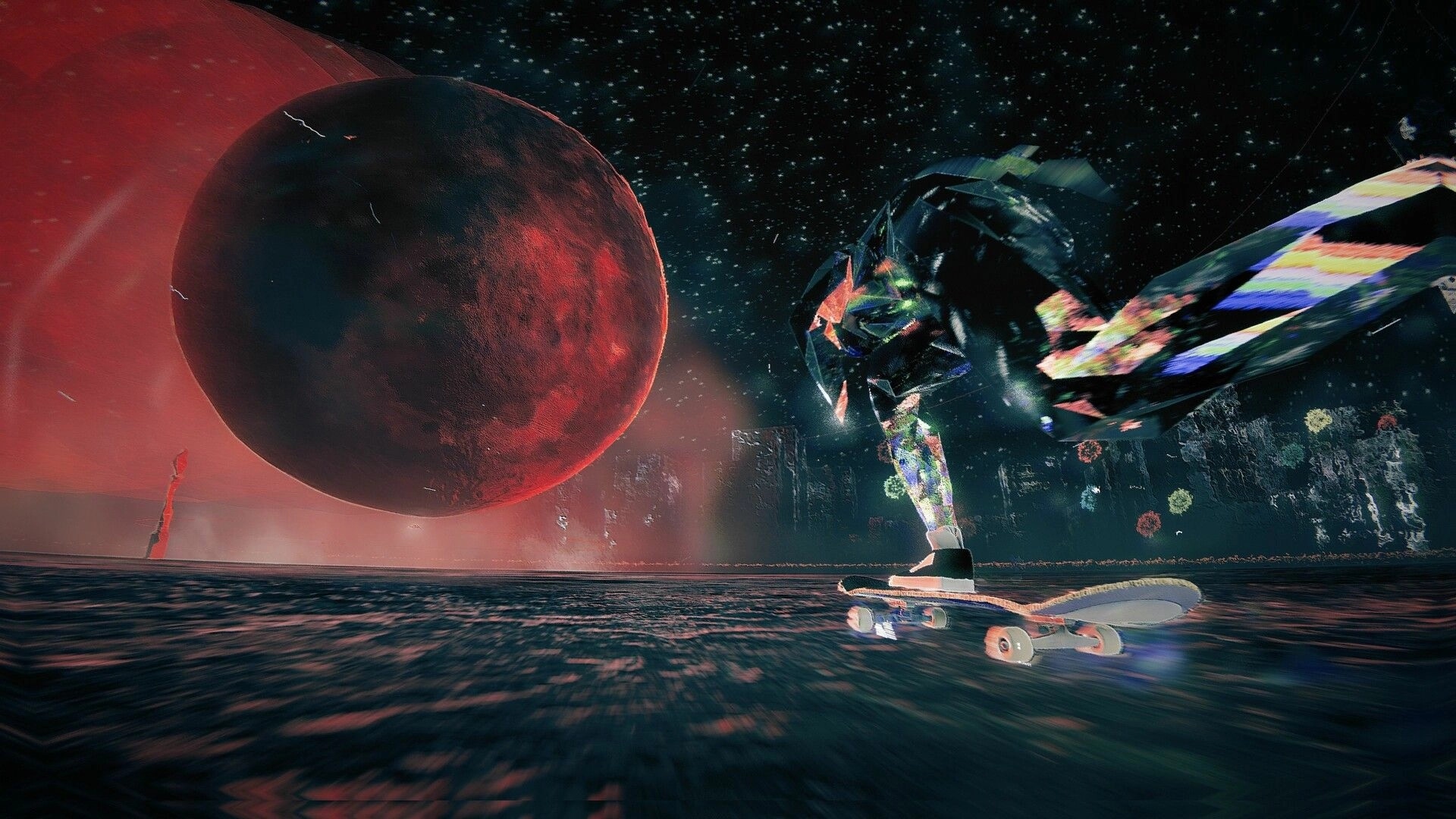Skate Story: Skater performs a trick on a glowing skateboard under a massive red planet in dark space