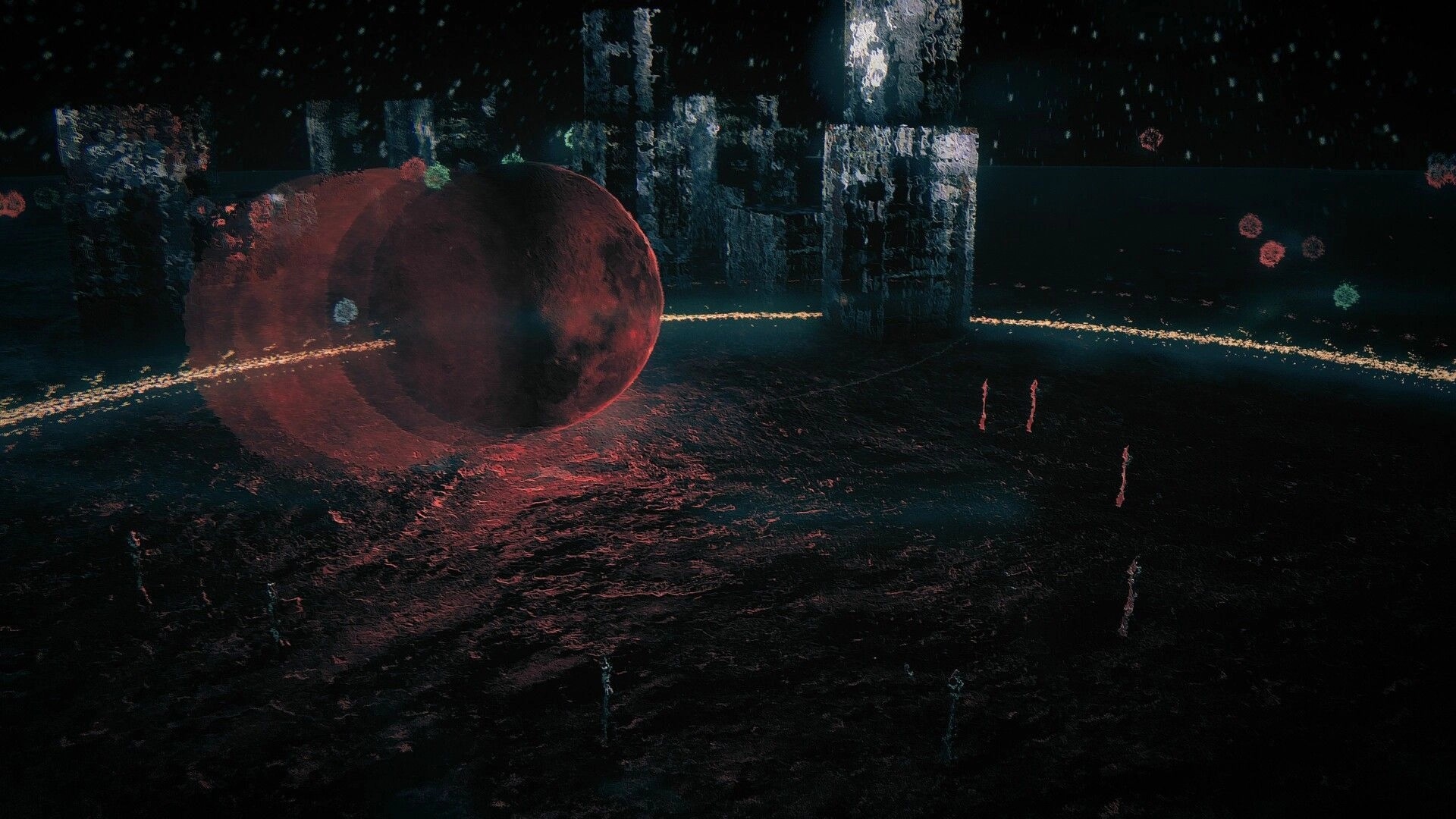 Skate Story: Glowing path and towering structures in a dark, surreal underworld setting