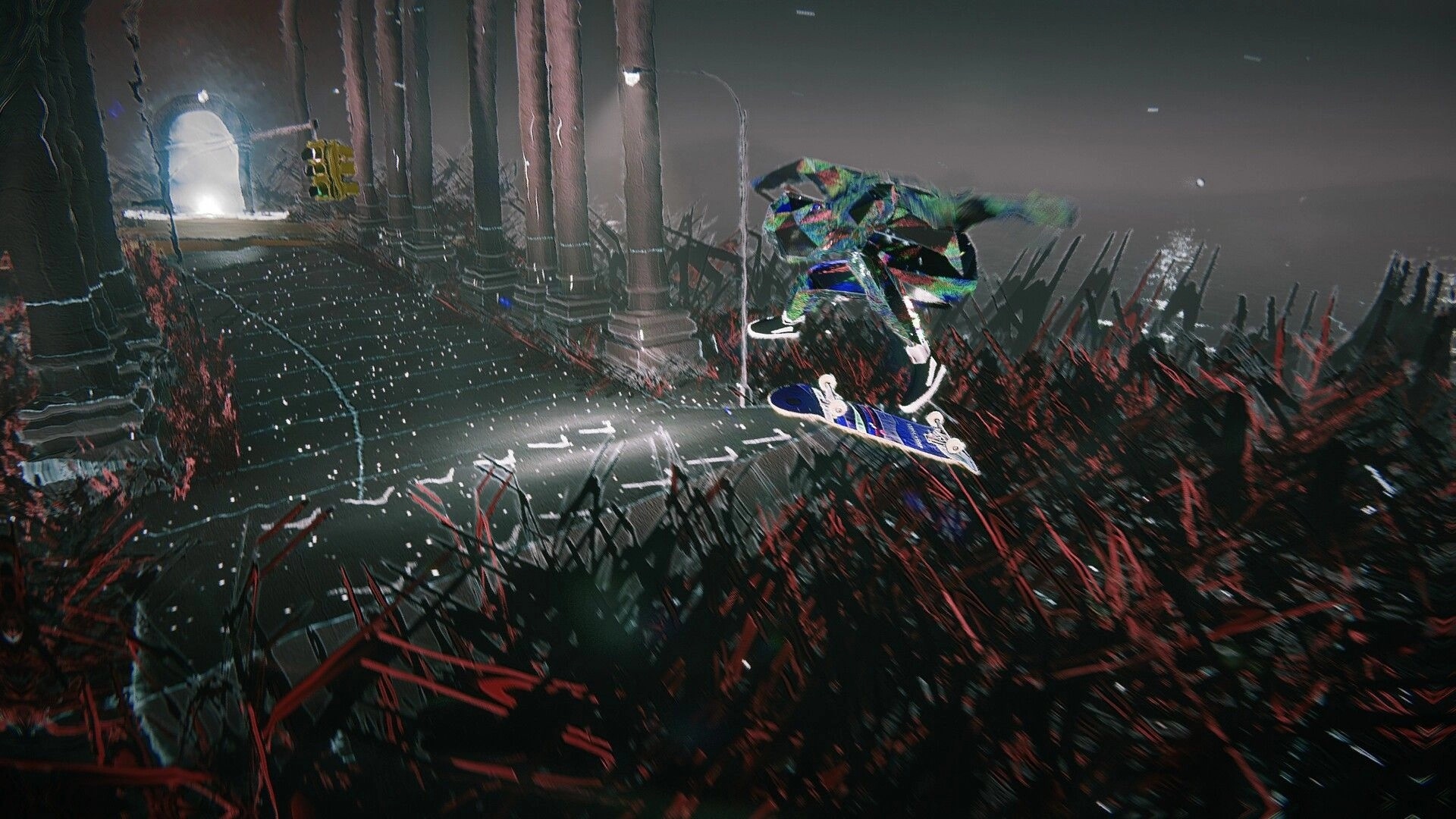 Skate Story: Skater performs kickflip over dark, twisted terrain with looming pillars and glowing portal