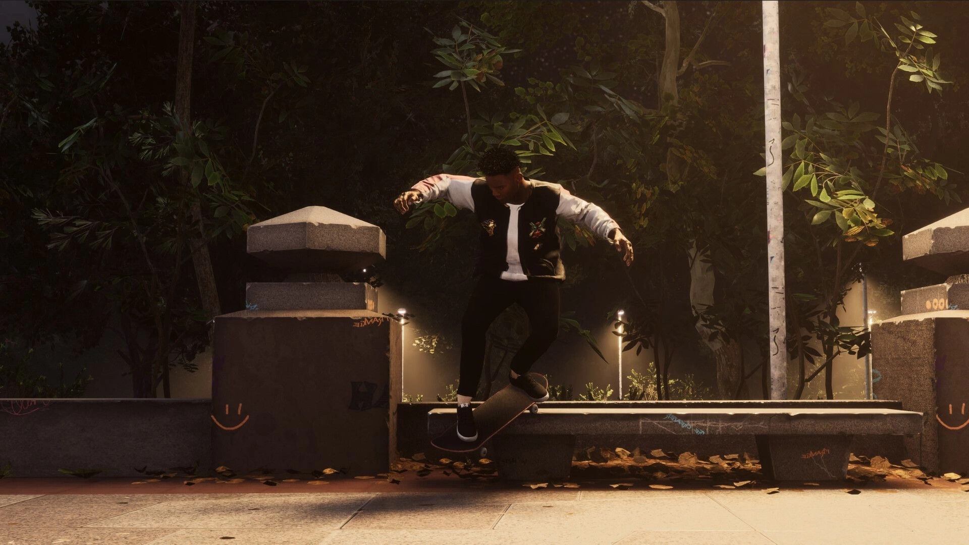 Skate Style: Skater grinding a low ledge beside concrete blocks in a tree-lined plaza at dusk.