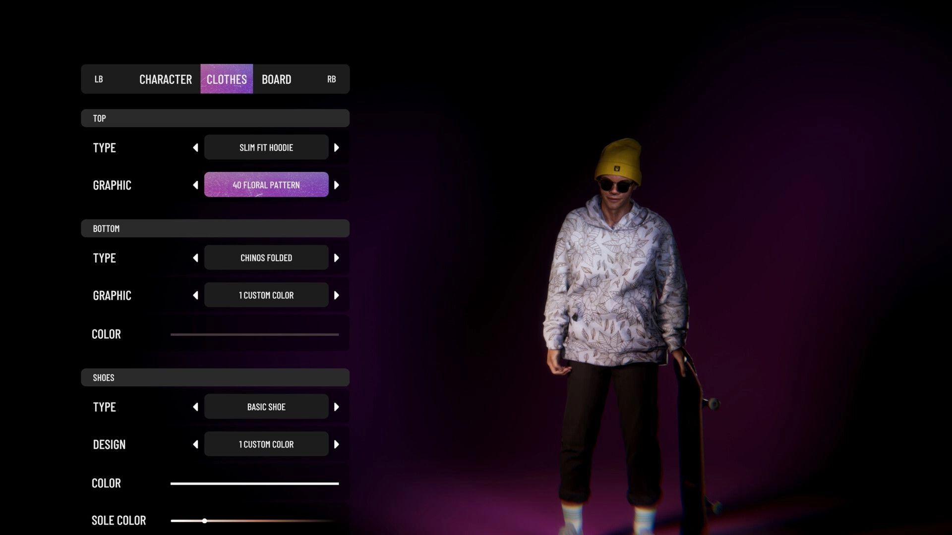 Skate Style: Clothes customization menu selecting slim fit hoodie and chinos on skater preview screen.