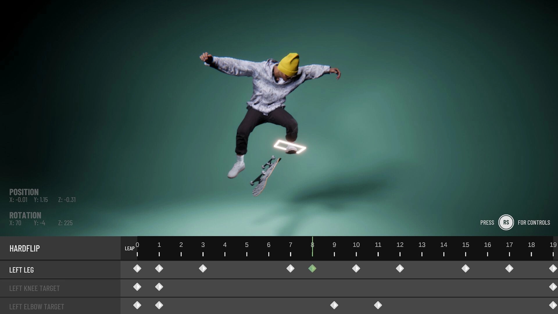 Skate Style: Skater mid-air hardflip in animation editor timeline UI on a plain green backdrop.