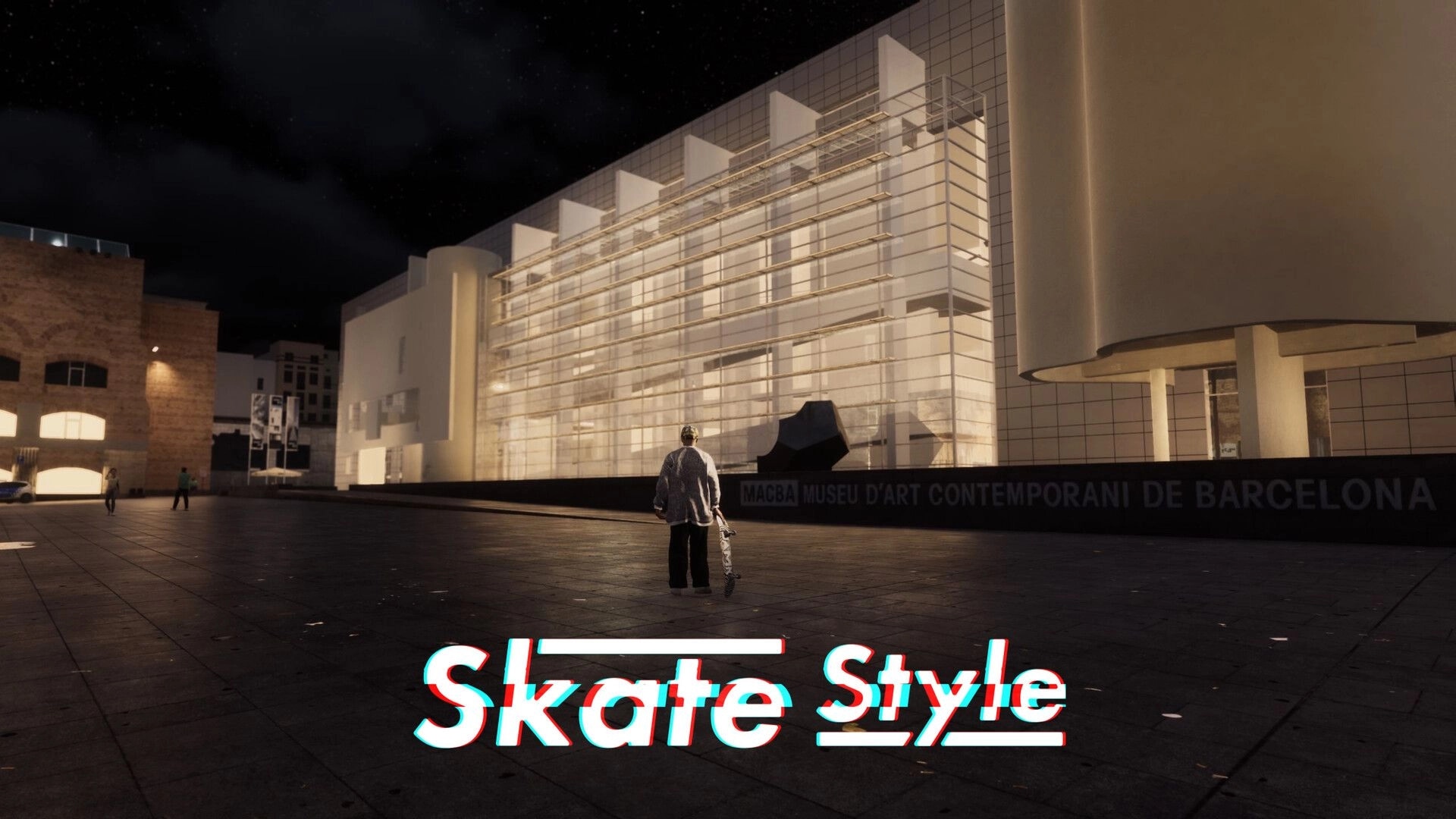 Skate Style: Skater holding a board in a night plaza outside MACBA museum in Barcelona with title UI.