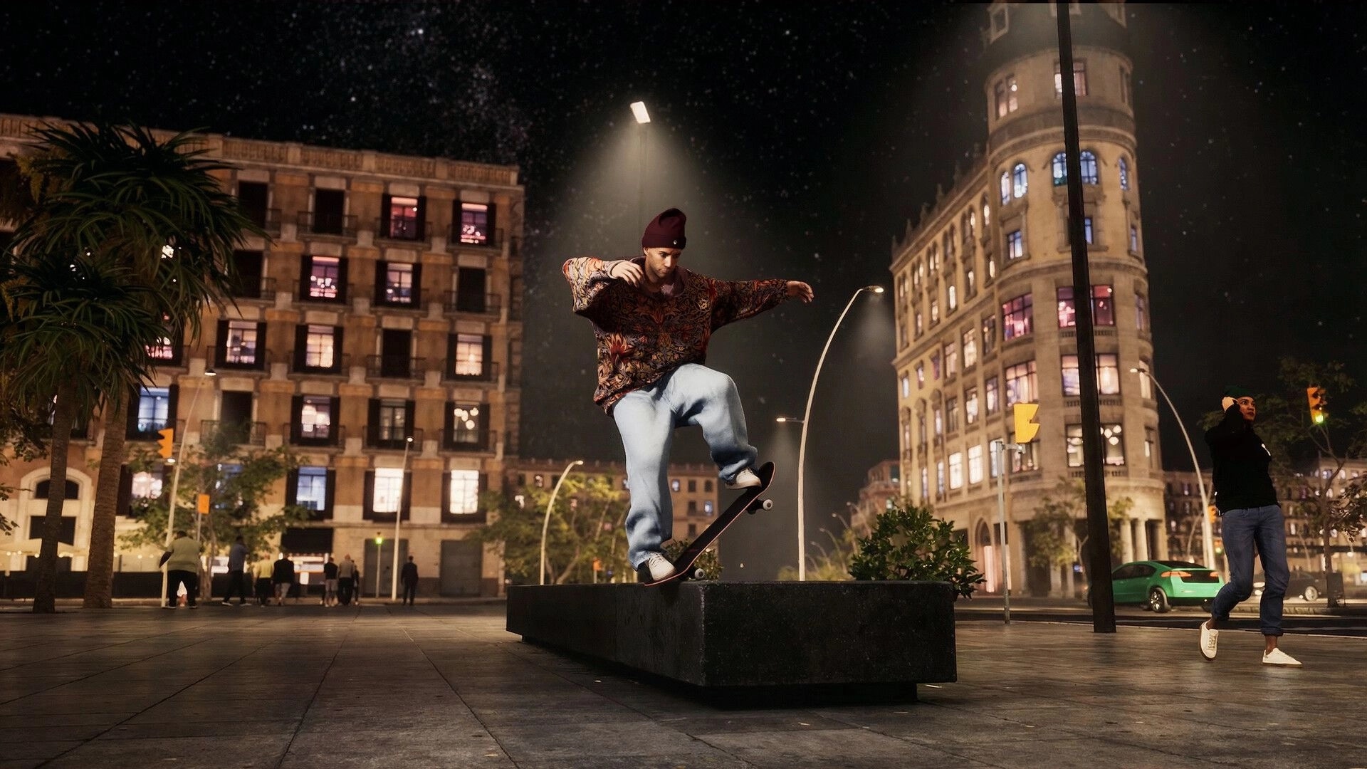 Skate Style: Skater grinding a low ledge at night in a city plaza with lit buildings and pedestrians.