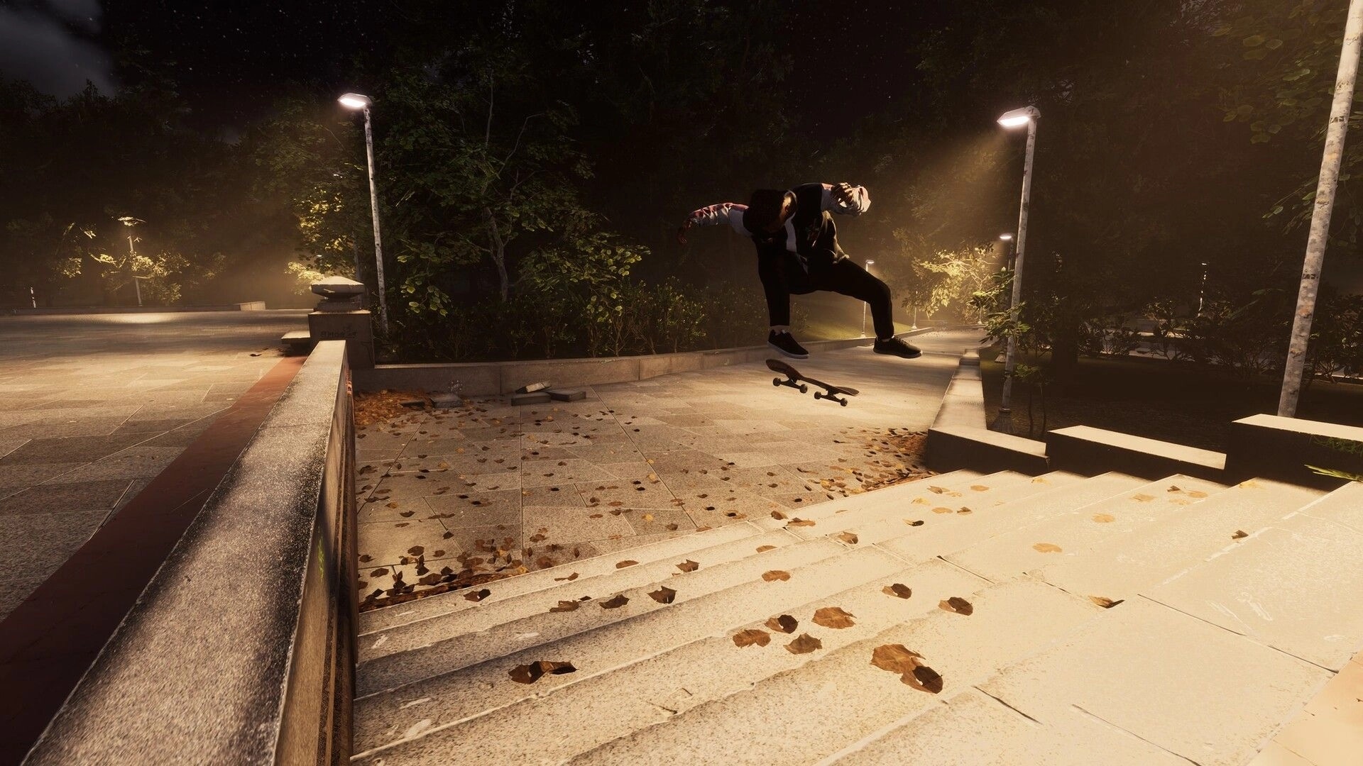 Skate Style: Skater performs a kickflip over stairs at night in a lit park walkway with trees.