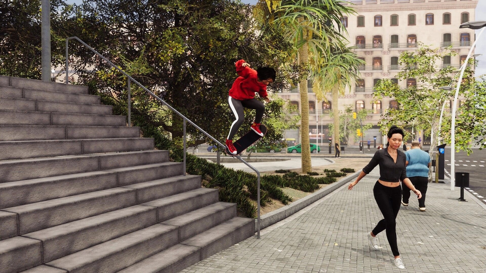 Skate Style: Skater in red hoodie grinding a handrail beside stairs in a sunny city plaza.