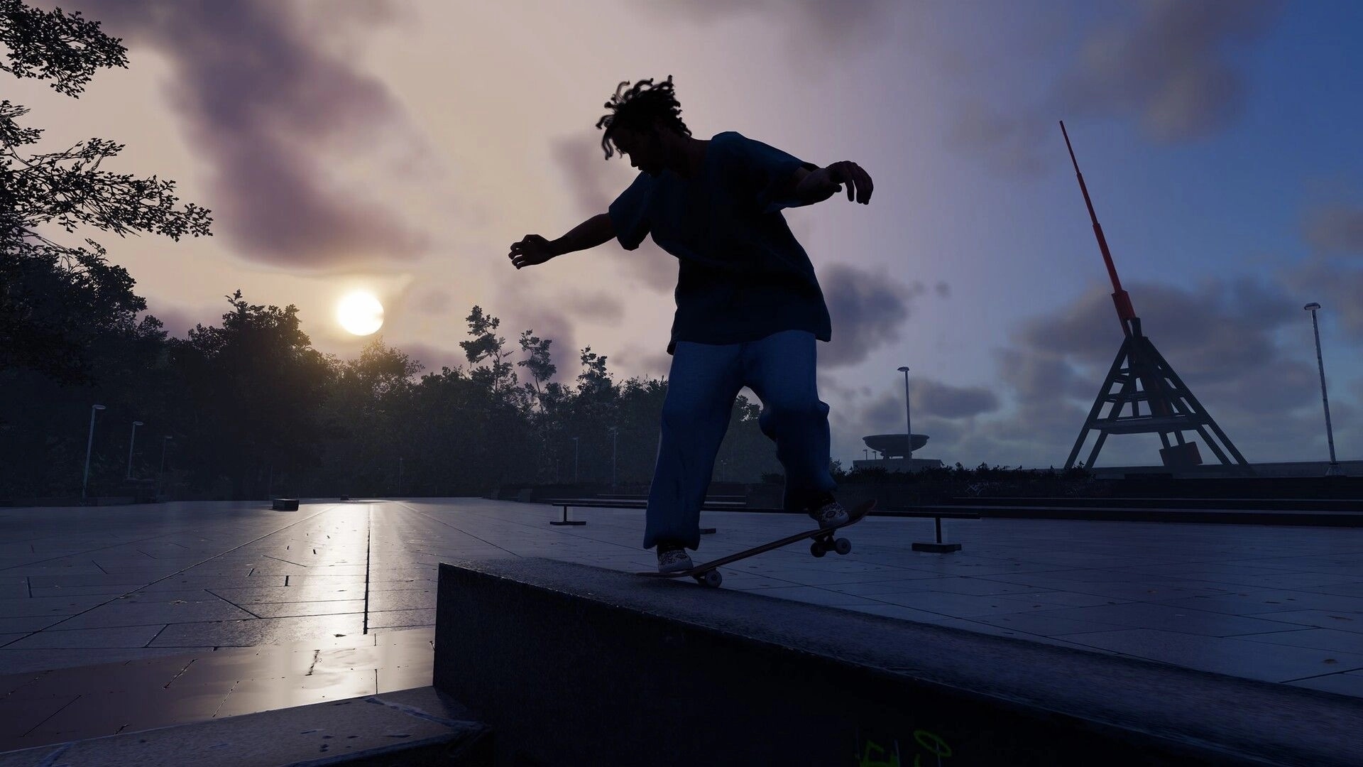 Skate Style: Skater balancing a boardslide on a ledge at sunset in an open concrete plaza park.