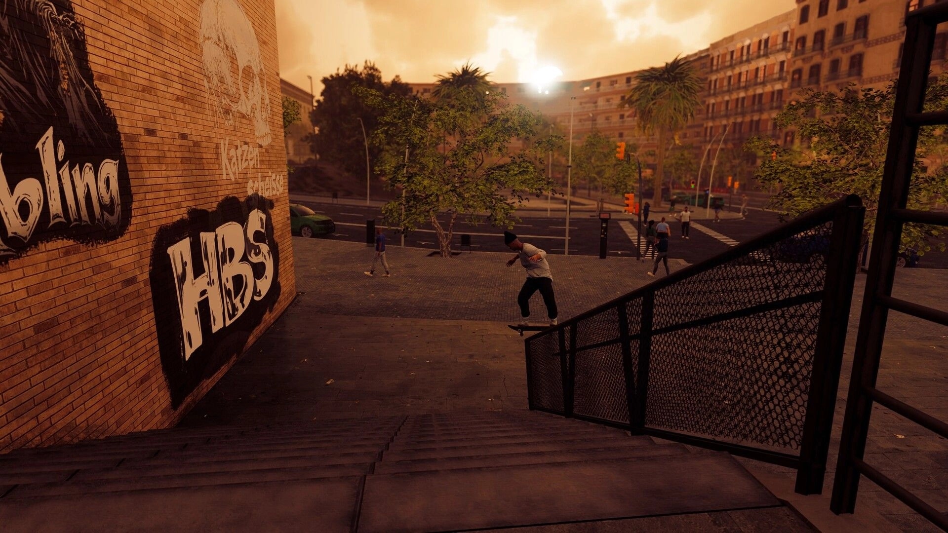 Skate Style: Skater boards down wide stair set beside graffiti wall in sunset-lit city plaza.
