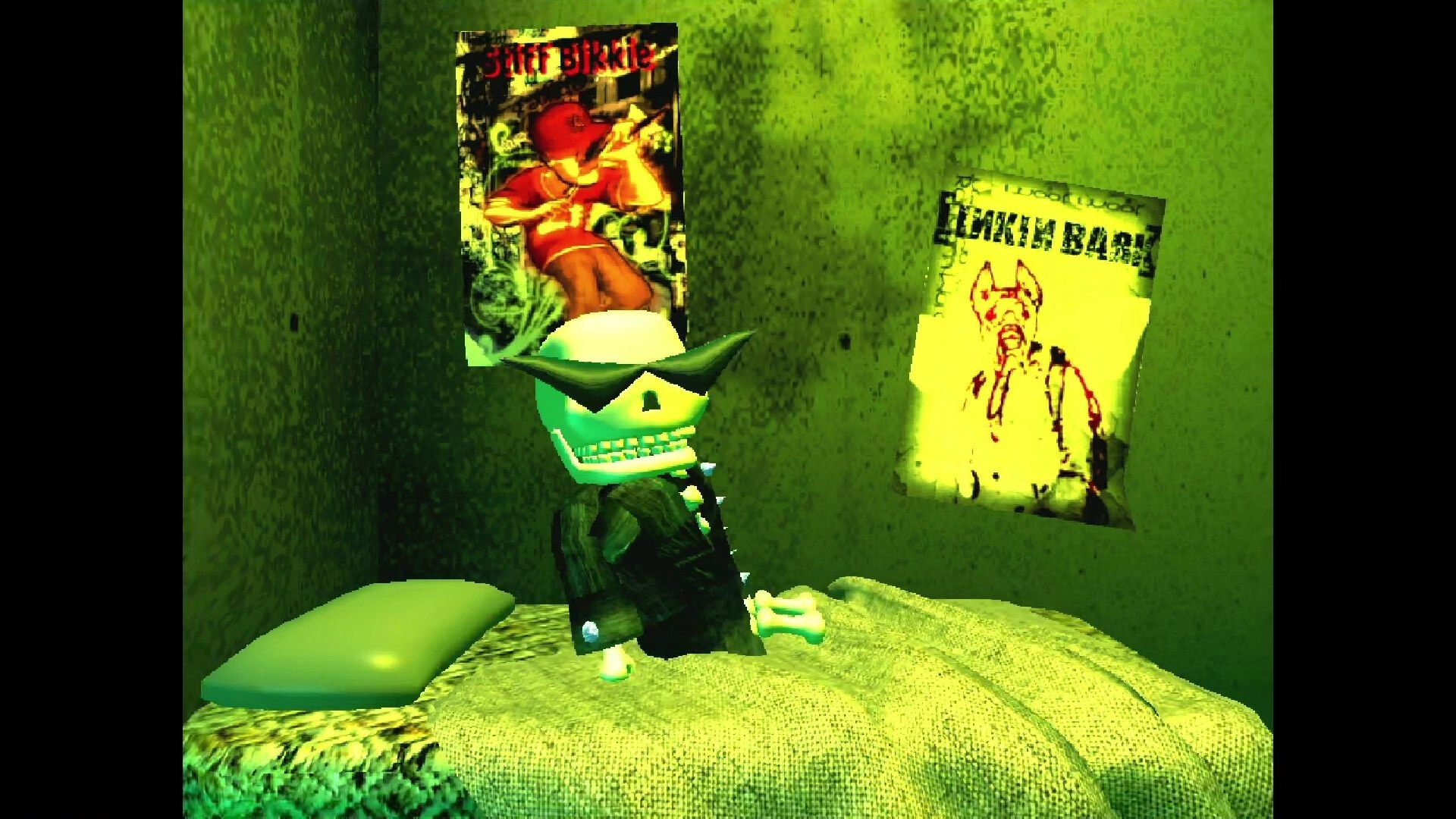 Skelecool: Skeleton in shades sits on a bed in a green-lit room, posters on the wall.