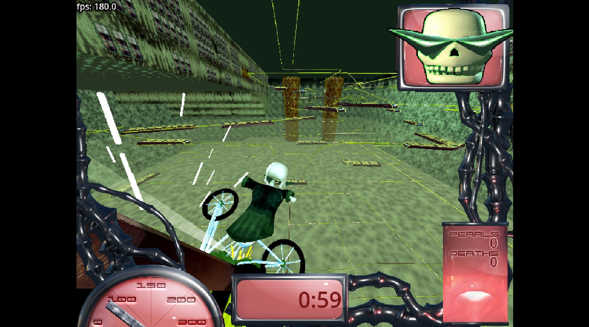 Skelecool: Skeleton rides a bike through a neon-lined arena with timer, pearls, and deaths UI.