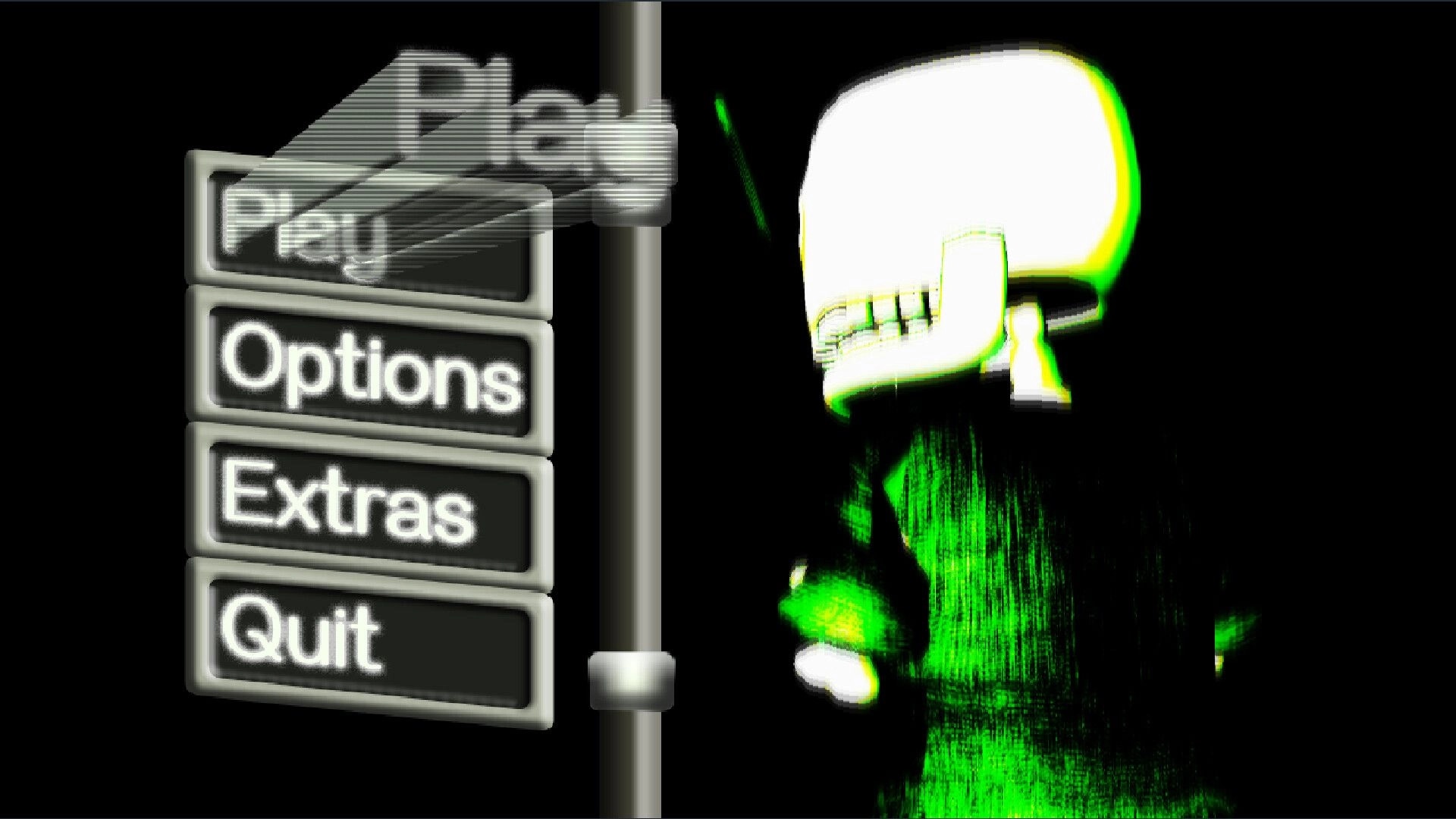 Skelecool: Main menu with Play, Options, Extras, Quit buttons beside glitchy neon skeleton head.