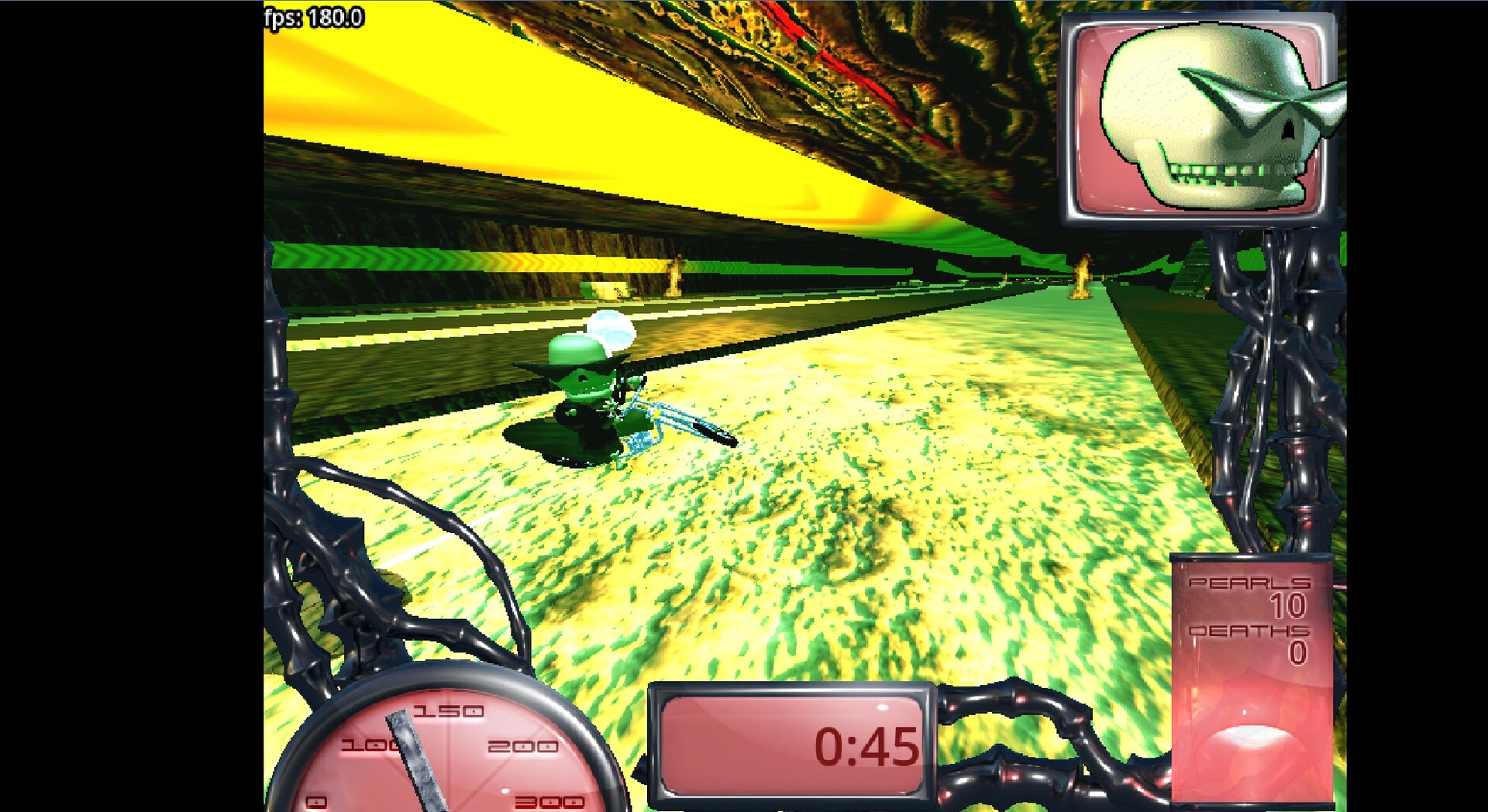 Skelecool: Skeleton biker with rifle on neon highway, HUD timer 0:45 and pearls counter visible.