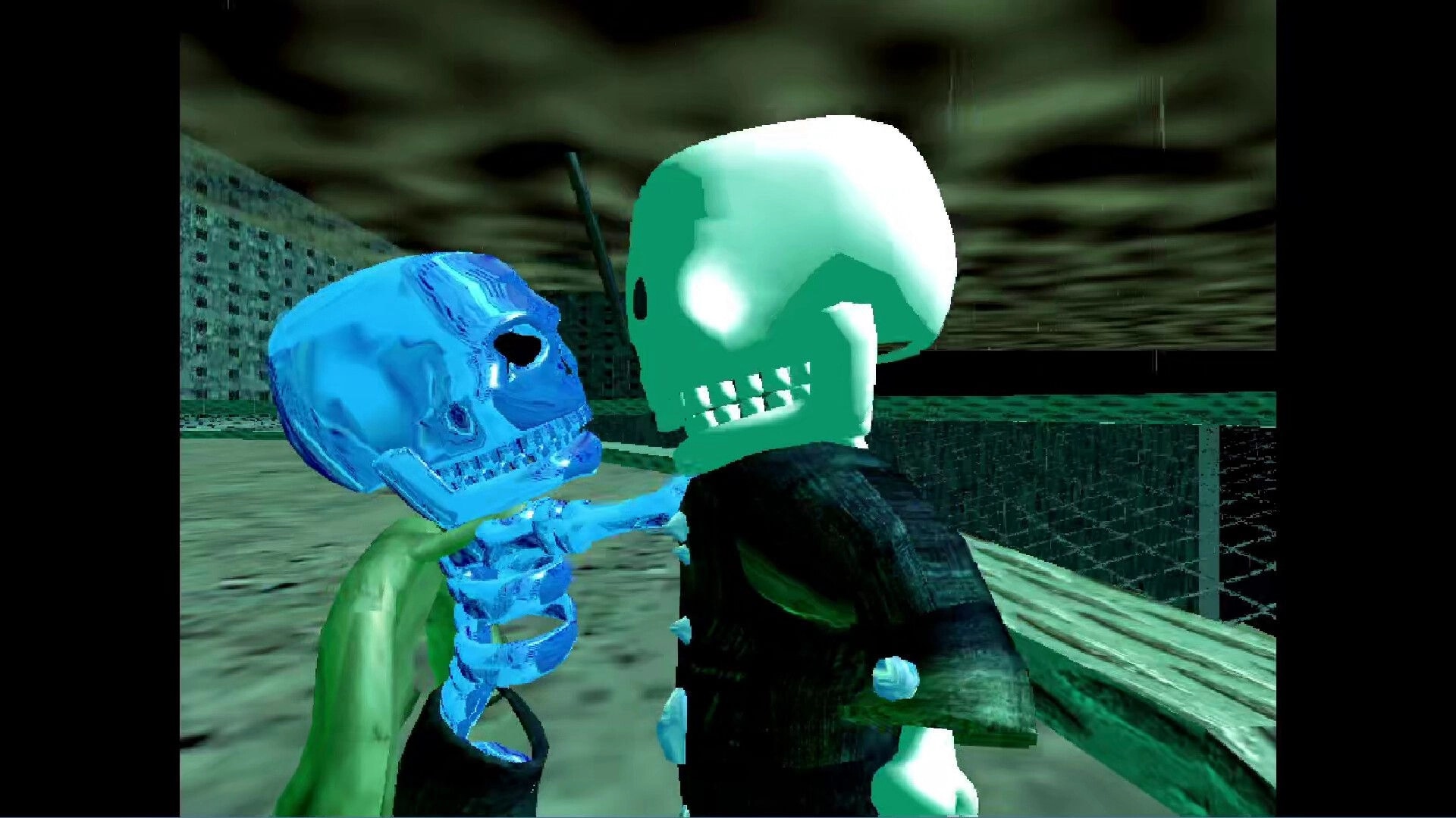 Skelecool: Close-up of two skeletons grappling face to face on a rooftop under stormy skies.
