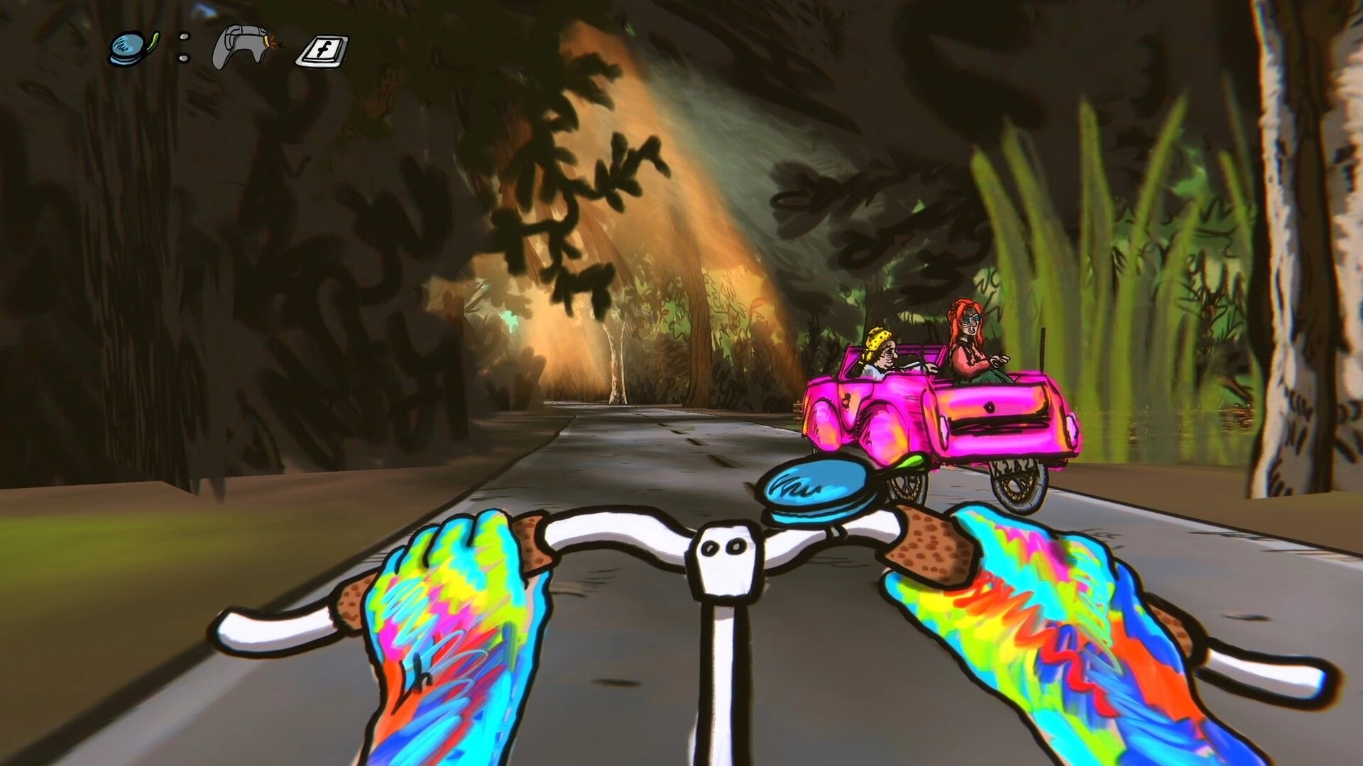 Sketchy Fables: First-person bike ride past a pink convertible on a forest road with HUD icons top left.