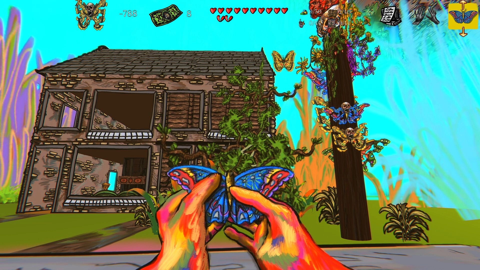 Sketchy Fables: First-person hands holding a butterfly outside a sketchy house with HUD hearts and icons.