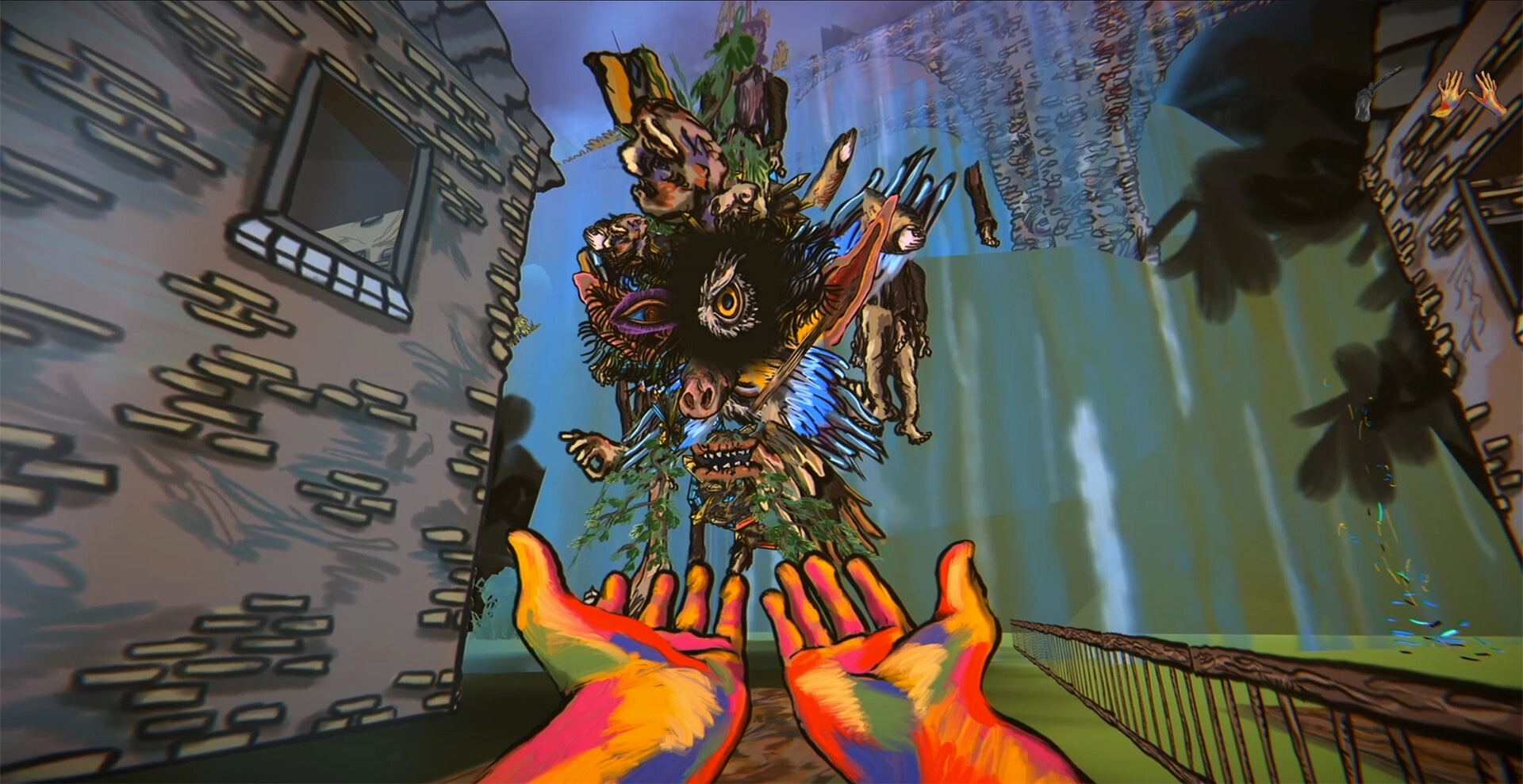 Sketchy Fables: First-person hands reach toward a floating mask-faced creature in a sketchy alleyway.